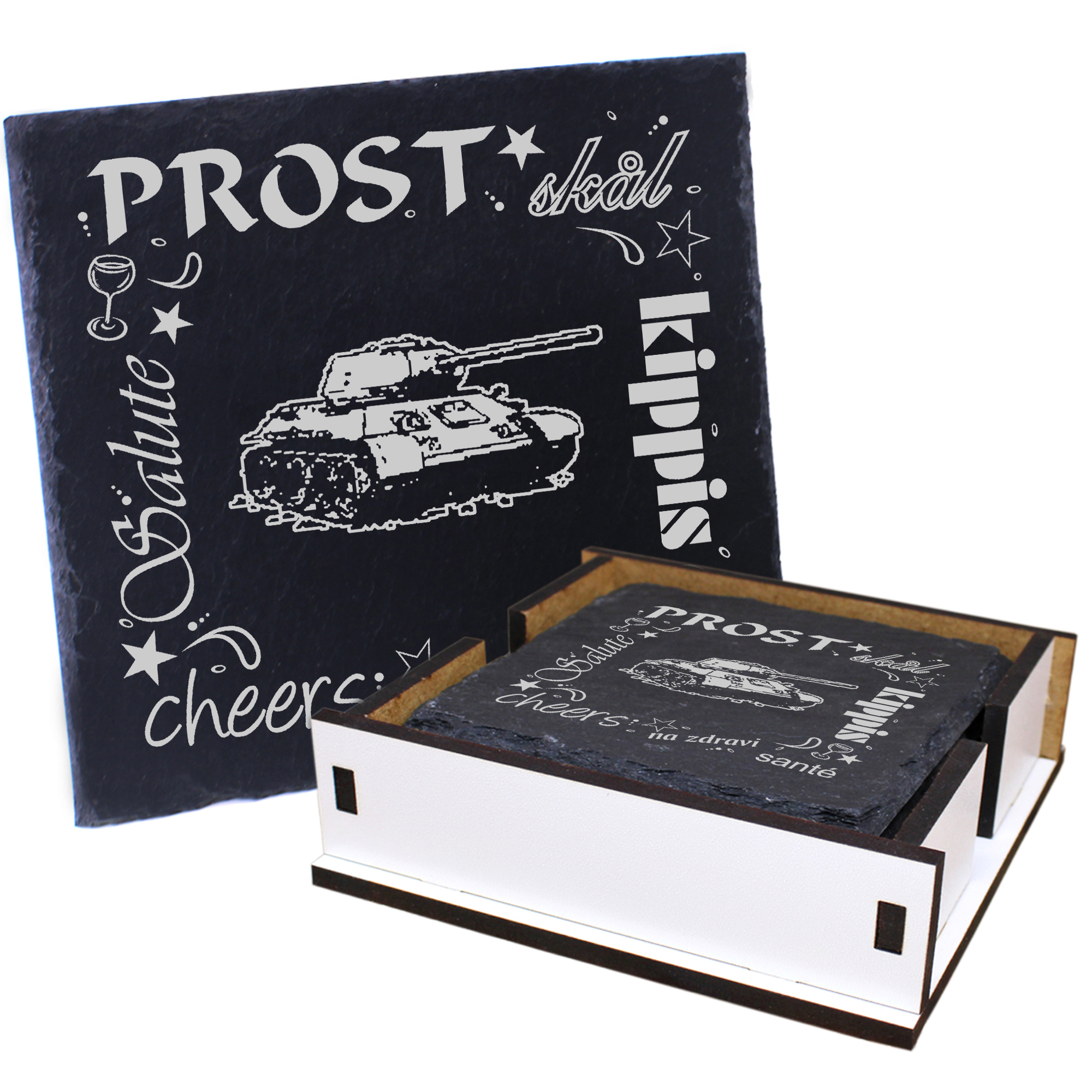 5 x Schiefer Untersetzer - Prost Panzer - inkl. Holzbox & Flaschenuntersetzer