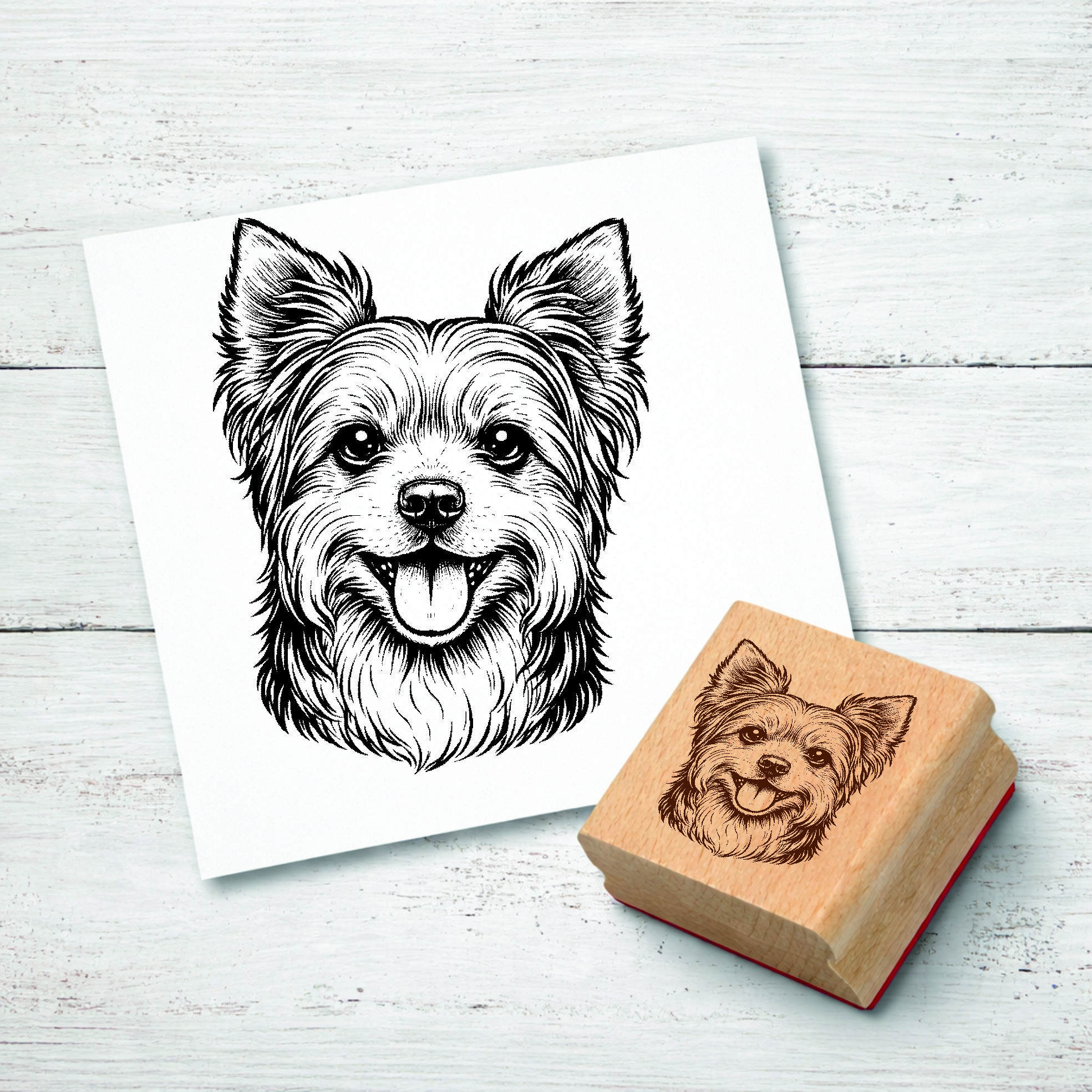 Motivstempel Yorkshire Terrier Hund - Stempel mit Hundemotiv - Holzstempel Abdruck 37 x 48 mm