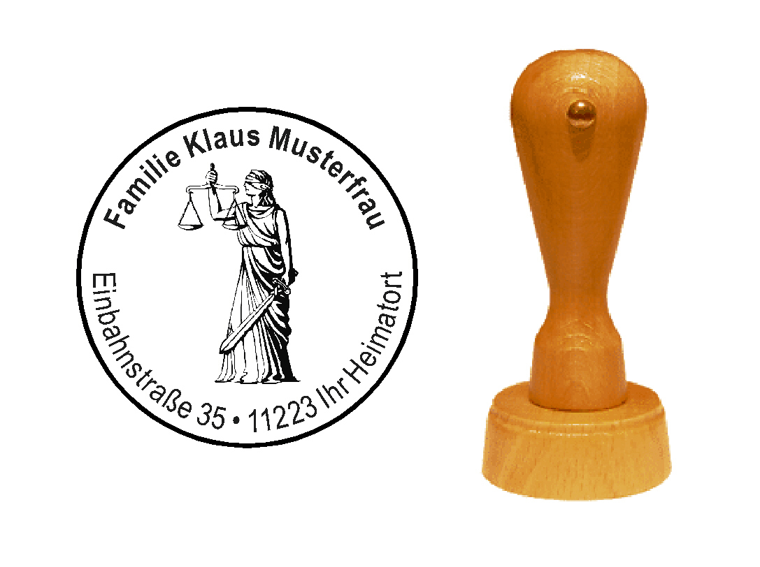 « Justitia 2 » Holzstempel mit persönlichem Wunschtext