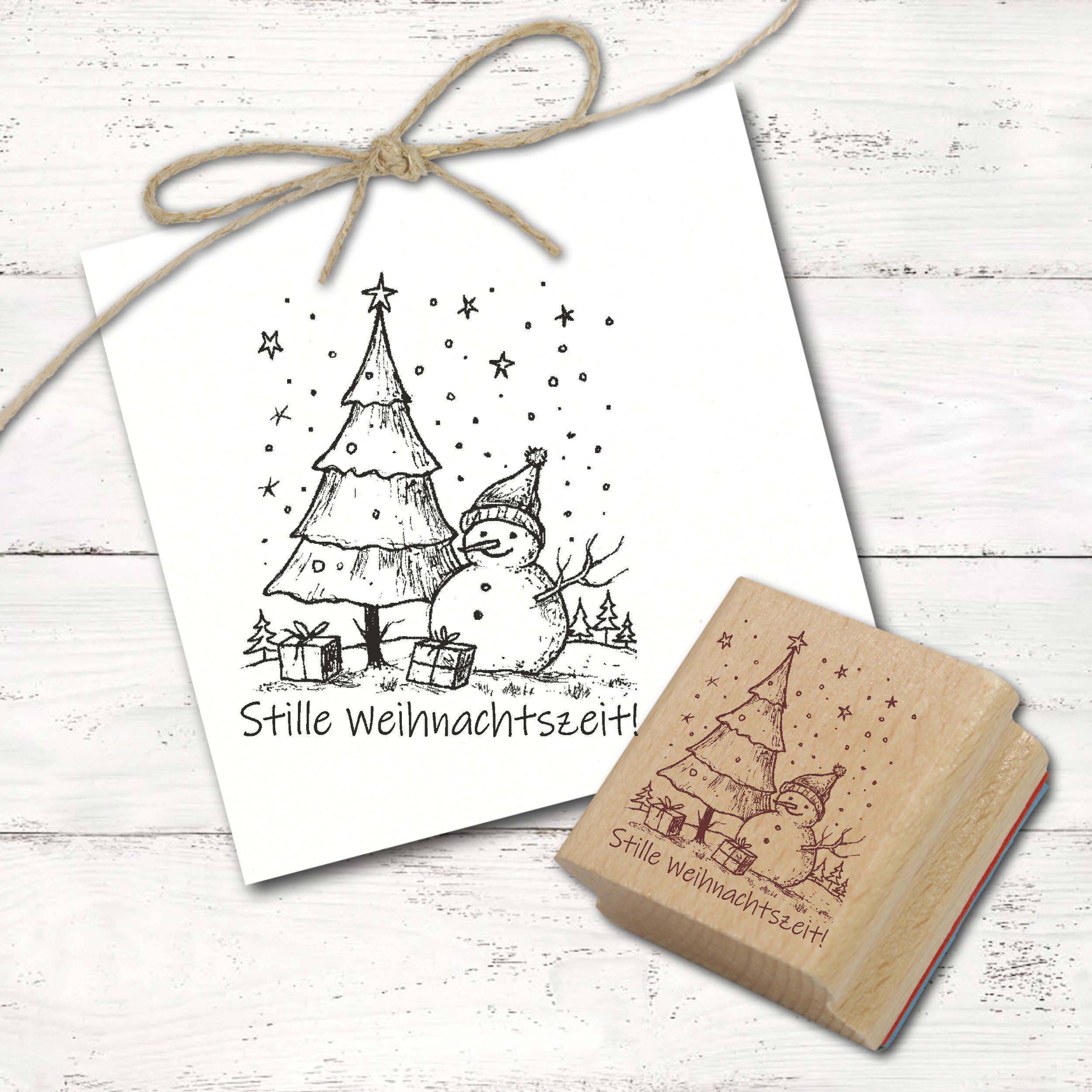 Motivstempel Stille Weihnachtszeit - Schneemann Stempel Tanne Weihnachten Holzstempel 58 mm x 68 mm