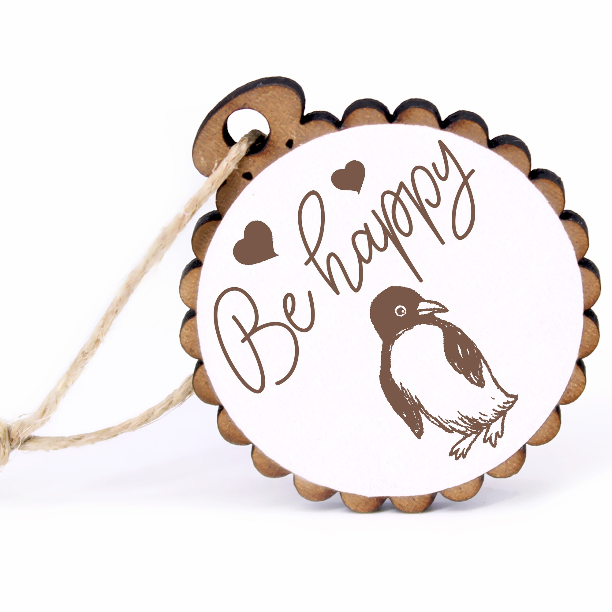 Geschenkanhänger - Be Happy Pinguin -  Holz Ø-5cm - mit Juteband