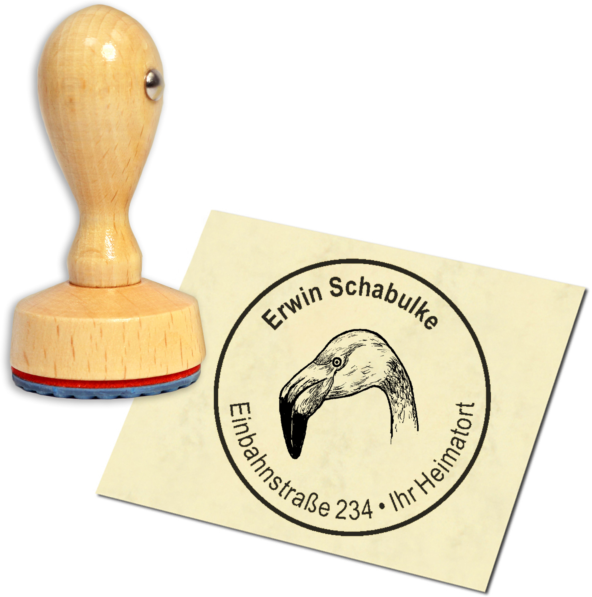 Stempel Adressstempel Holzstempel - Flamingo Kopf - rund 40mm
