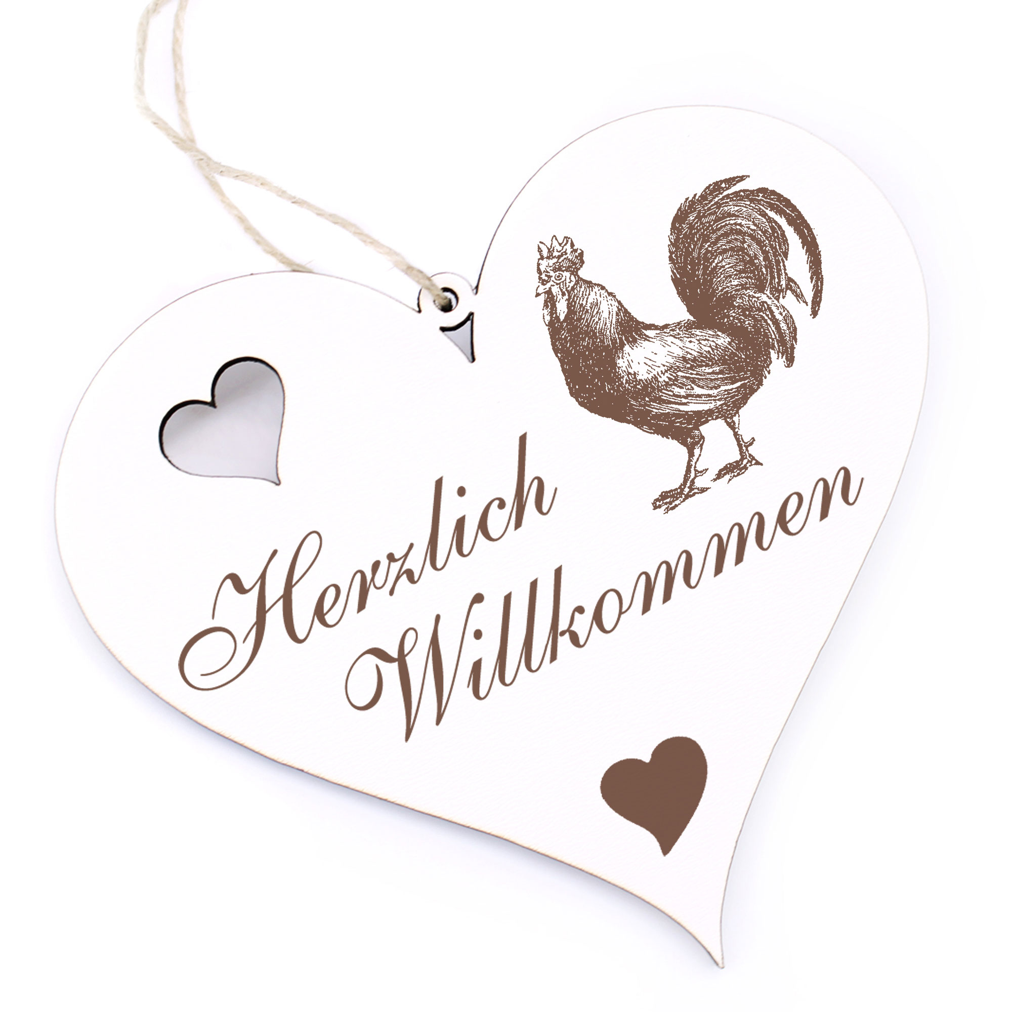 Herzlich Willkommen Schild - Hahn - Deko Herz Holz