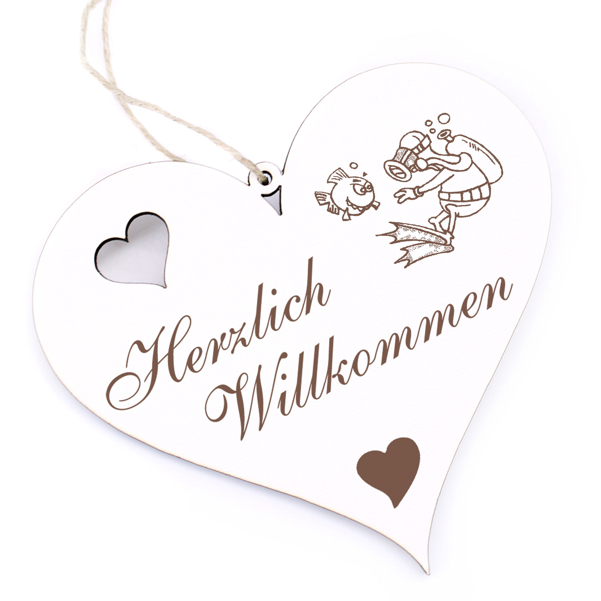 Herzlich Willkommen Schild - Taucher mit Fisch - Deko Herz Holz