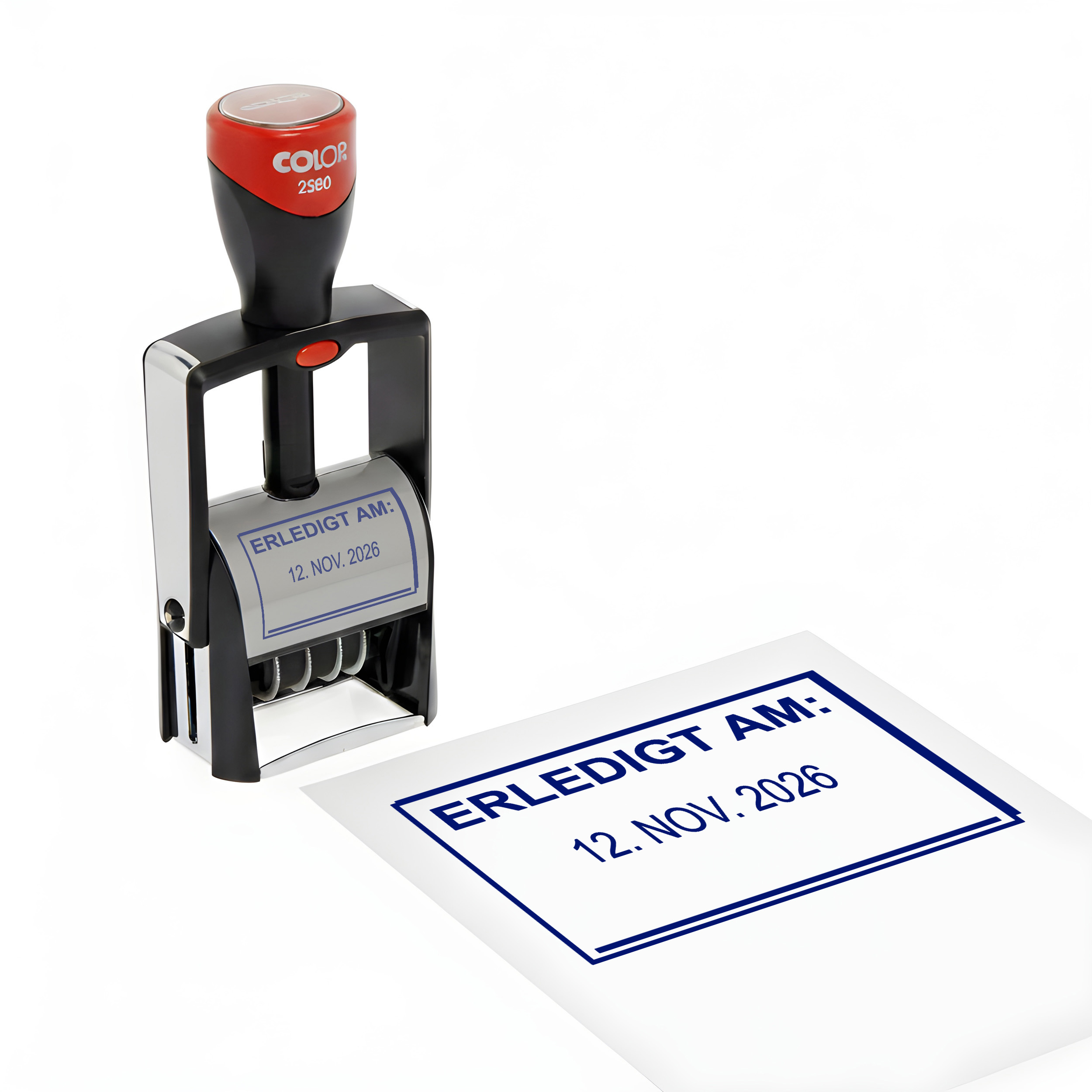 Datumsstempel Stempel ERLEDIGT AM – Colop 2360 selbstfärbender Kontierungsstempel mit Datum 44x29 mm