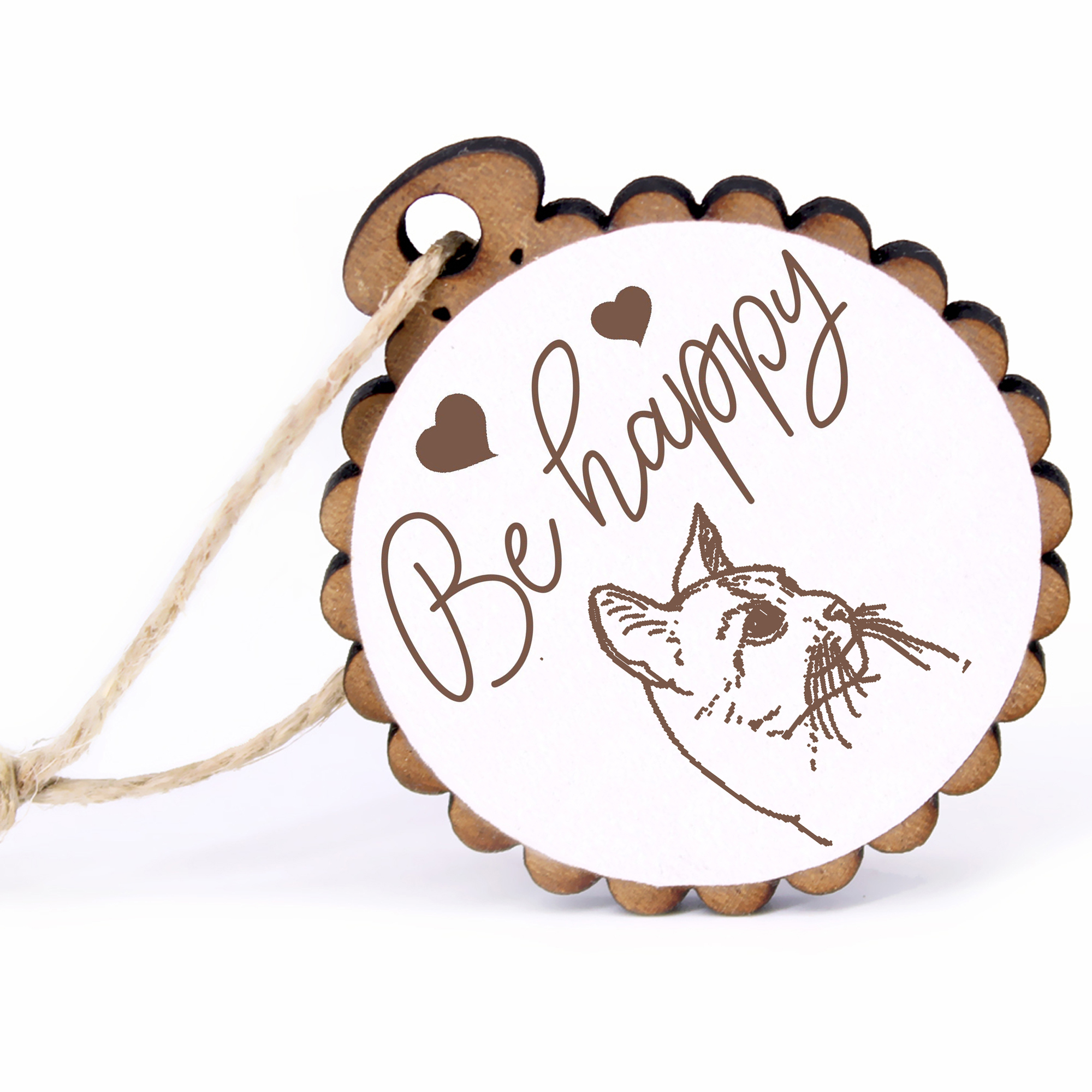 Geschenkanhänger - Be Happy Abessinierkatze -  Holz Ø-5cm - mit Juteband