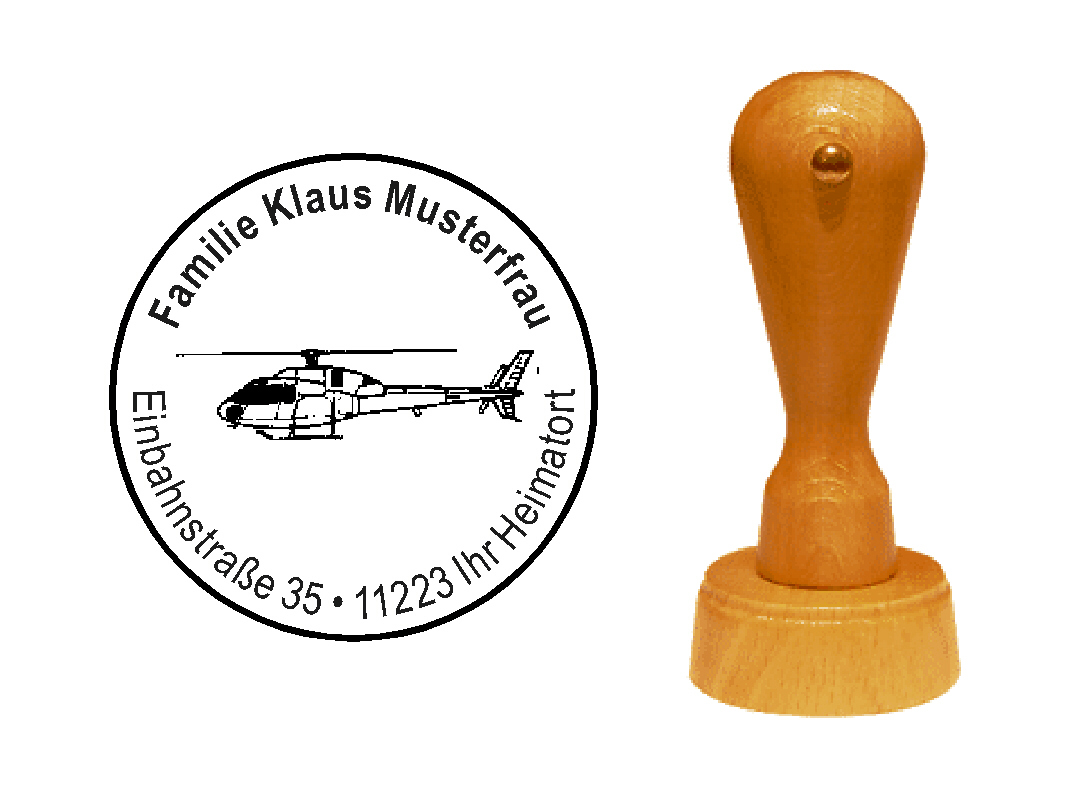 « Hubschrauber 3 » Holzstempel mit persönlichem Wunschtext
