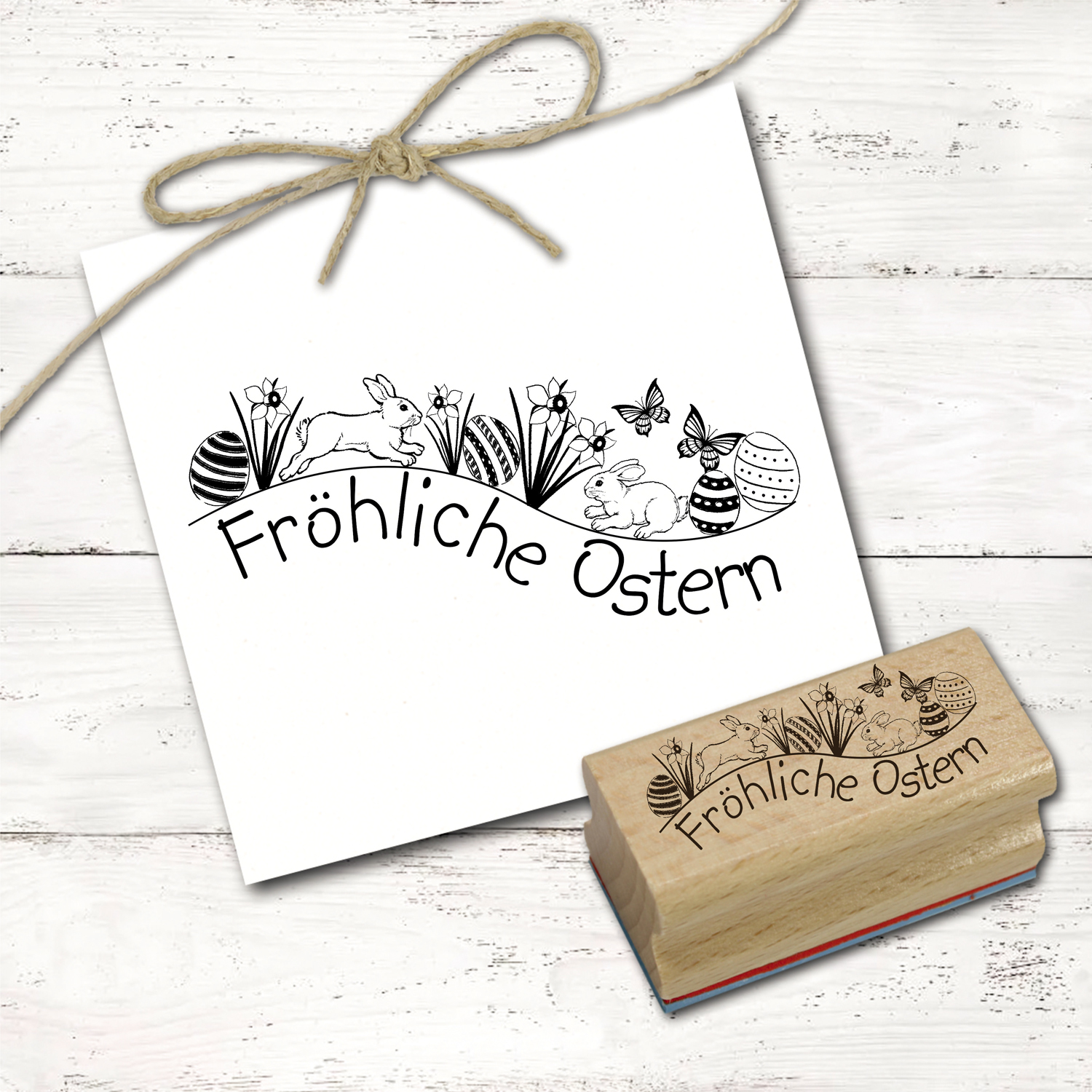 Motivstempel Fröhliche Ostern Osterhasen Osterglocken - Stempel Holzstempel 68 x 27 mm