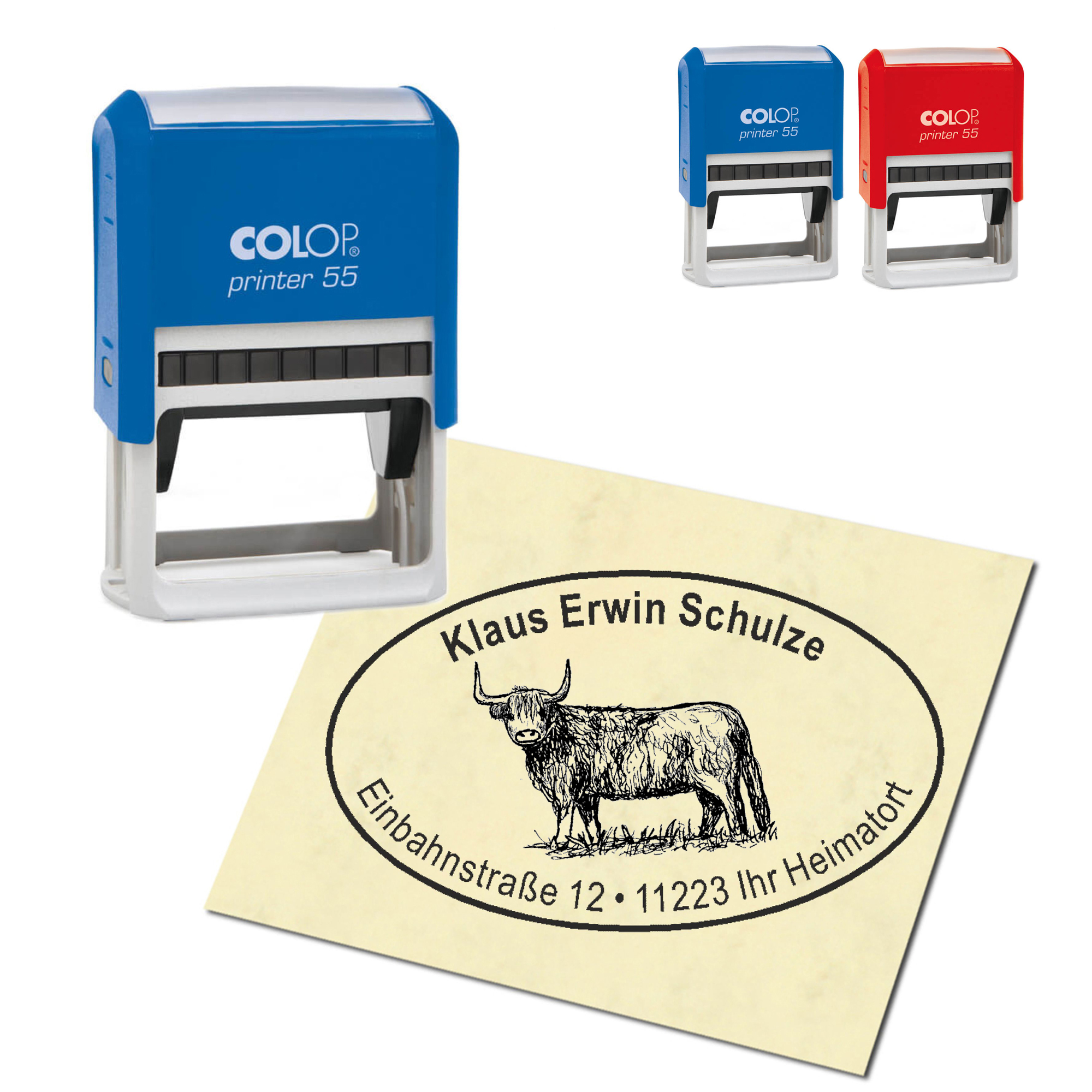 Adressstempel personalisiert Stempel - Schottisches Hochlandrind - oval 59 x 39 mm