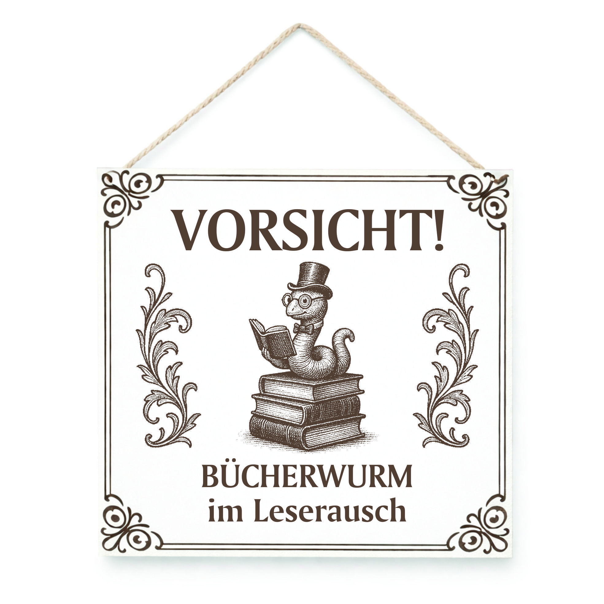 Vorsicht Bücherwurm Schild 15x15 cm – Holzschild mit Lasergravur – Geschenk für Bücherliebhaber – Bibliothek Leseecke
