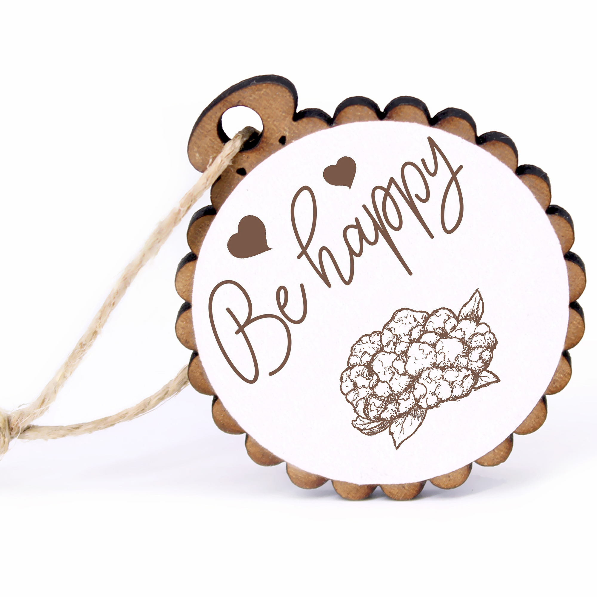 Geschenkanhänger - Be Happy Blumenkohl -  Holz Ø-5cm - mit Juteband