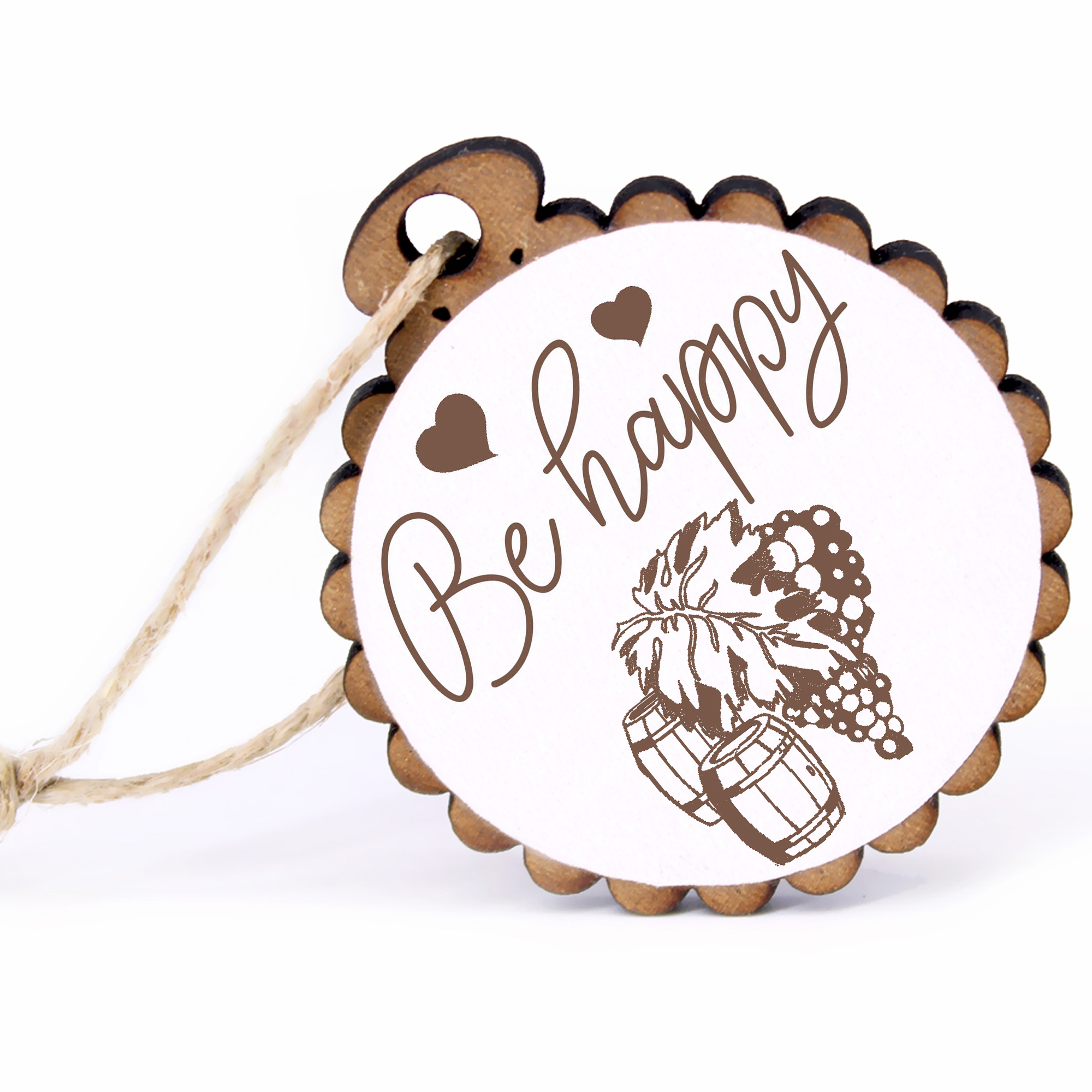 Geschenkanhänger - Be Happy Weinrebe -  Holz Ø-5cm - mit Juteband