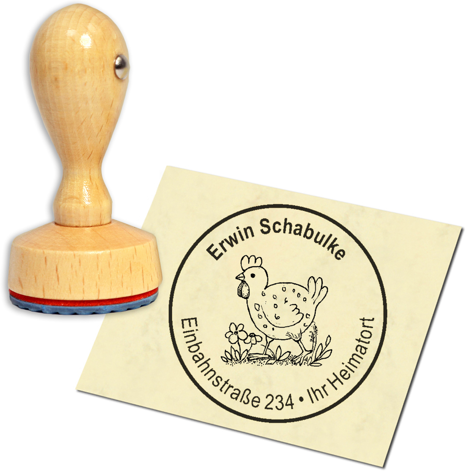 Stempel Adressstempel Holzstempel - Huhn auf einer Wiese - rund 40mm