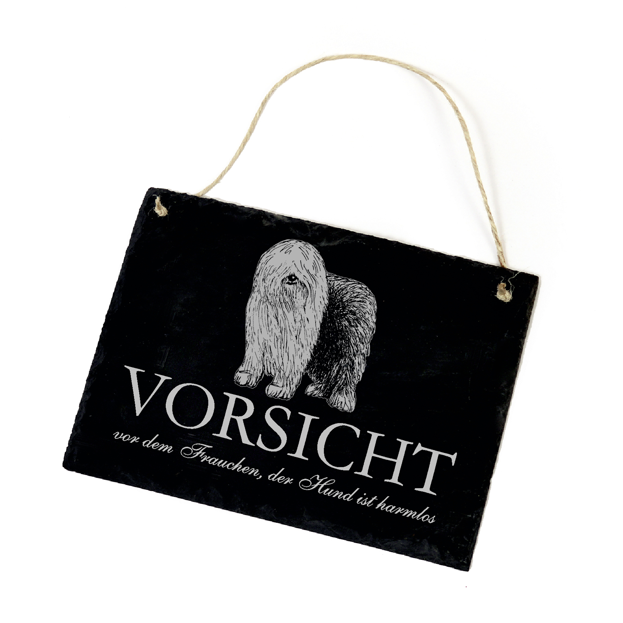 Hundeschild Bobtail Schild aus Schiefer - Vorsicht vor dem Frauchen - 22cm x 16cm