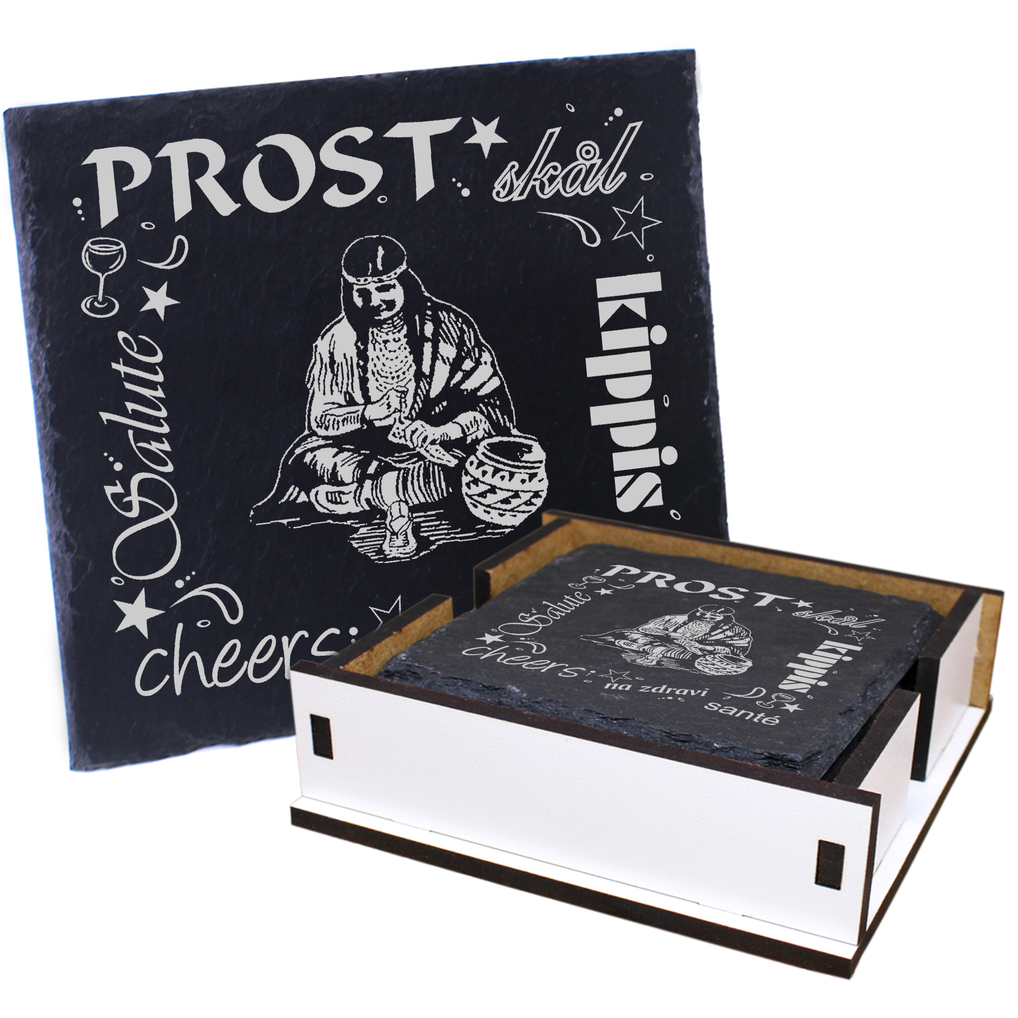 5 x Schiefer Untersetzer - Prost Schamane - inkl. Holzbox & Flaschenuntersetzer