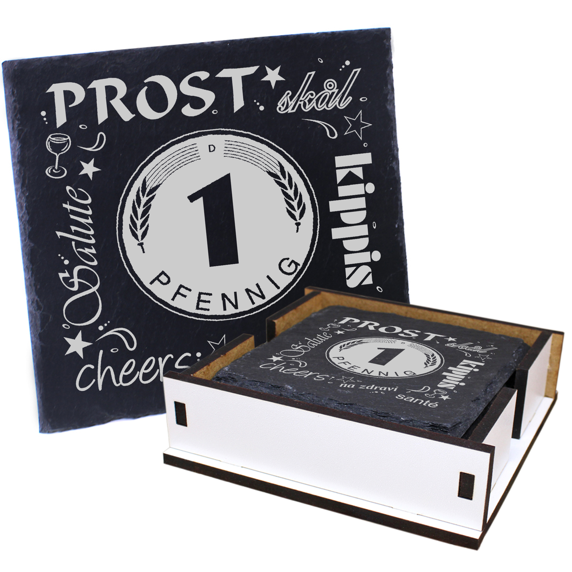 5 x Schiefer Untersetzer - Prost Pfennig - inkl. Holzbox & Flaschenuntersetzer