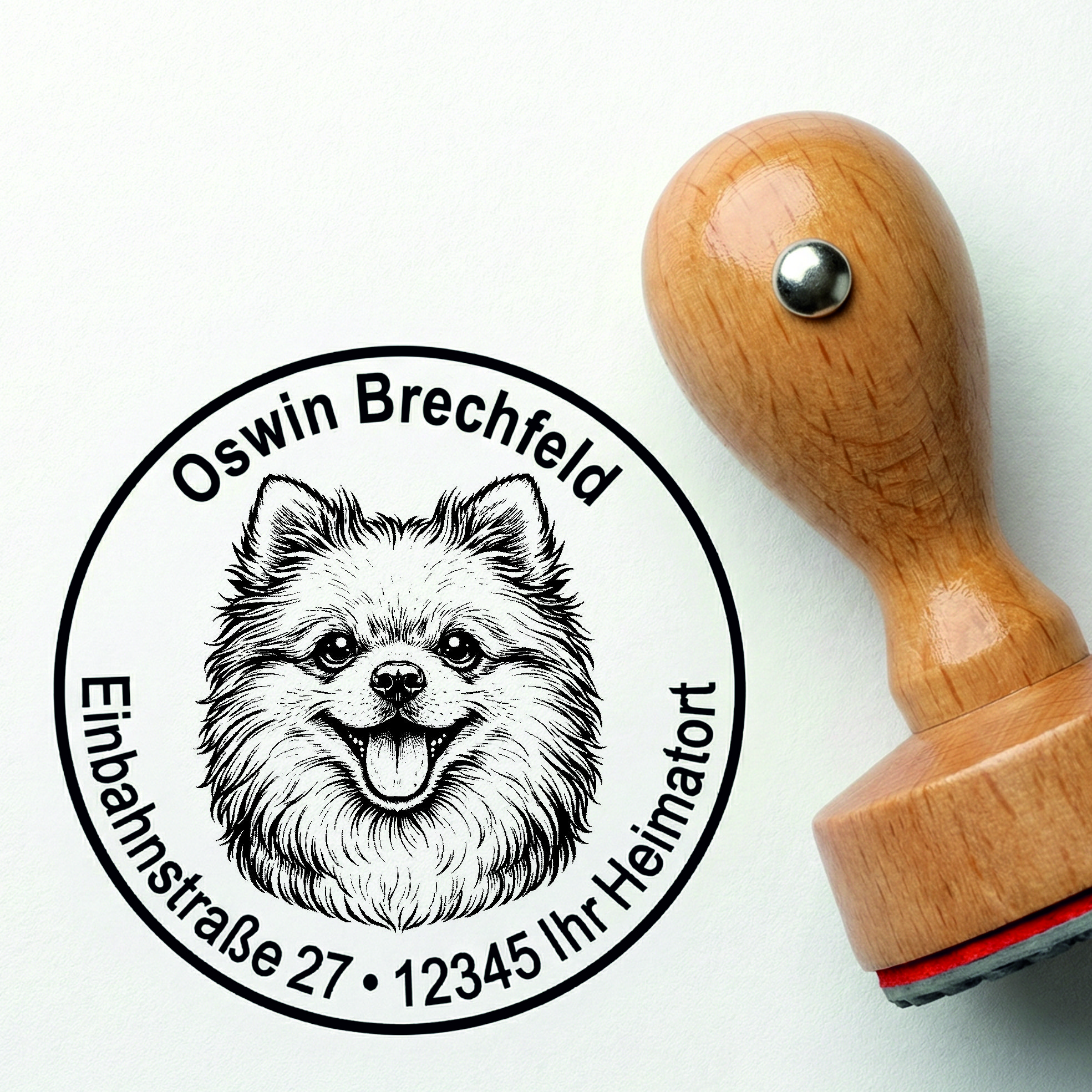 Stempel Zwergspitz personalisiert – Hund Holzstempel mit Name & Adresse
