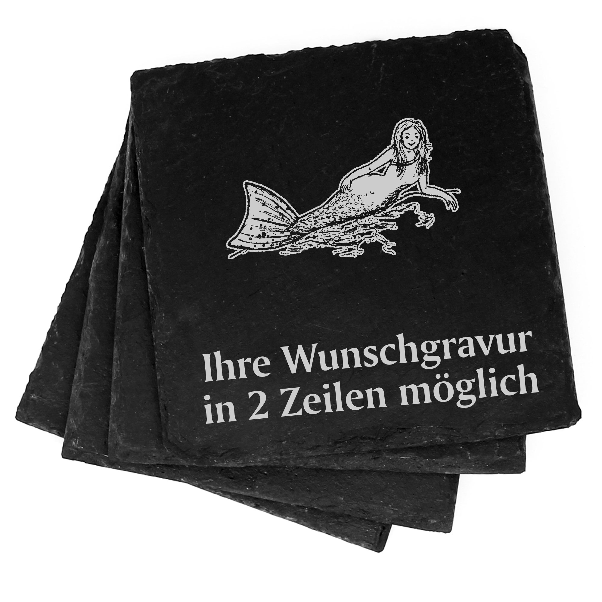 4x liegende Meerjungfrau Deko Schiefer Untersetzer Wunschgravur Set - 11 x 11 cm