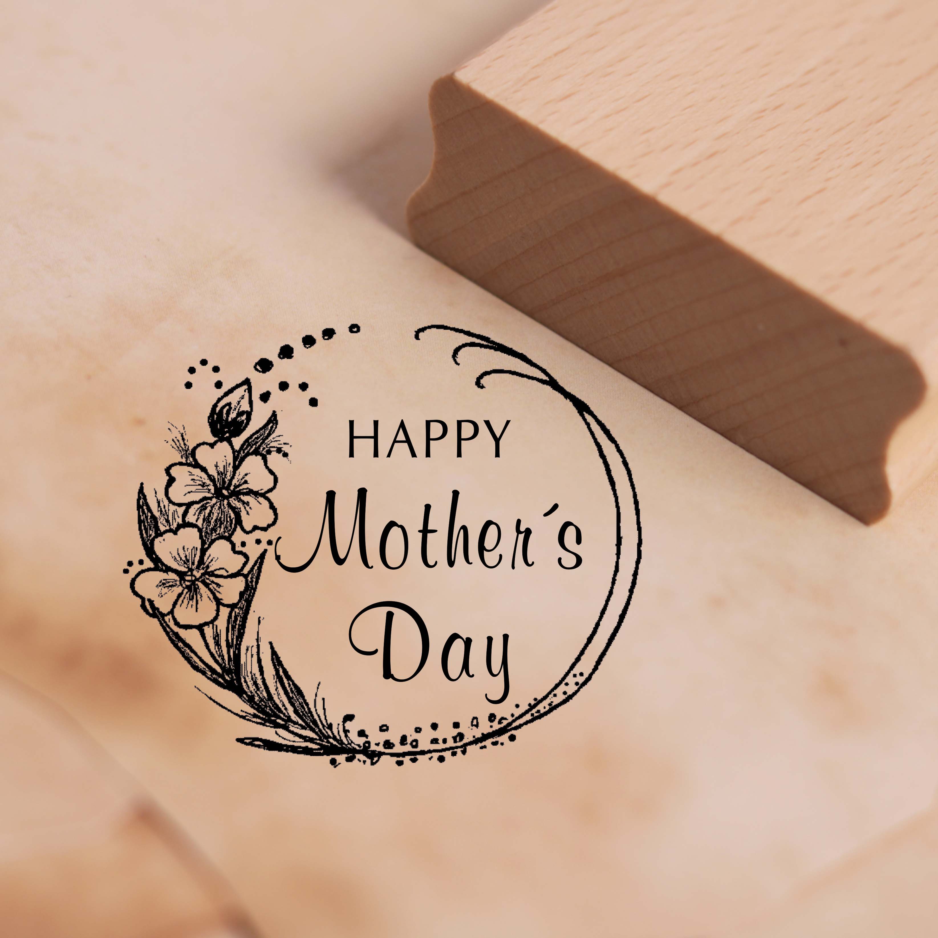 Motivstempel Happy Mother's Day - Blumenkranz Stempel Holzstempel 68 x 58 mm
