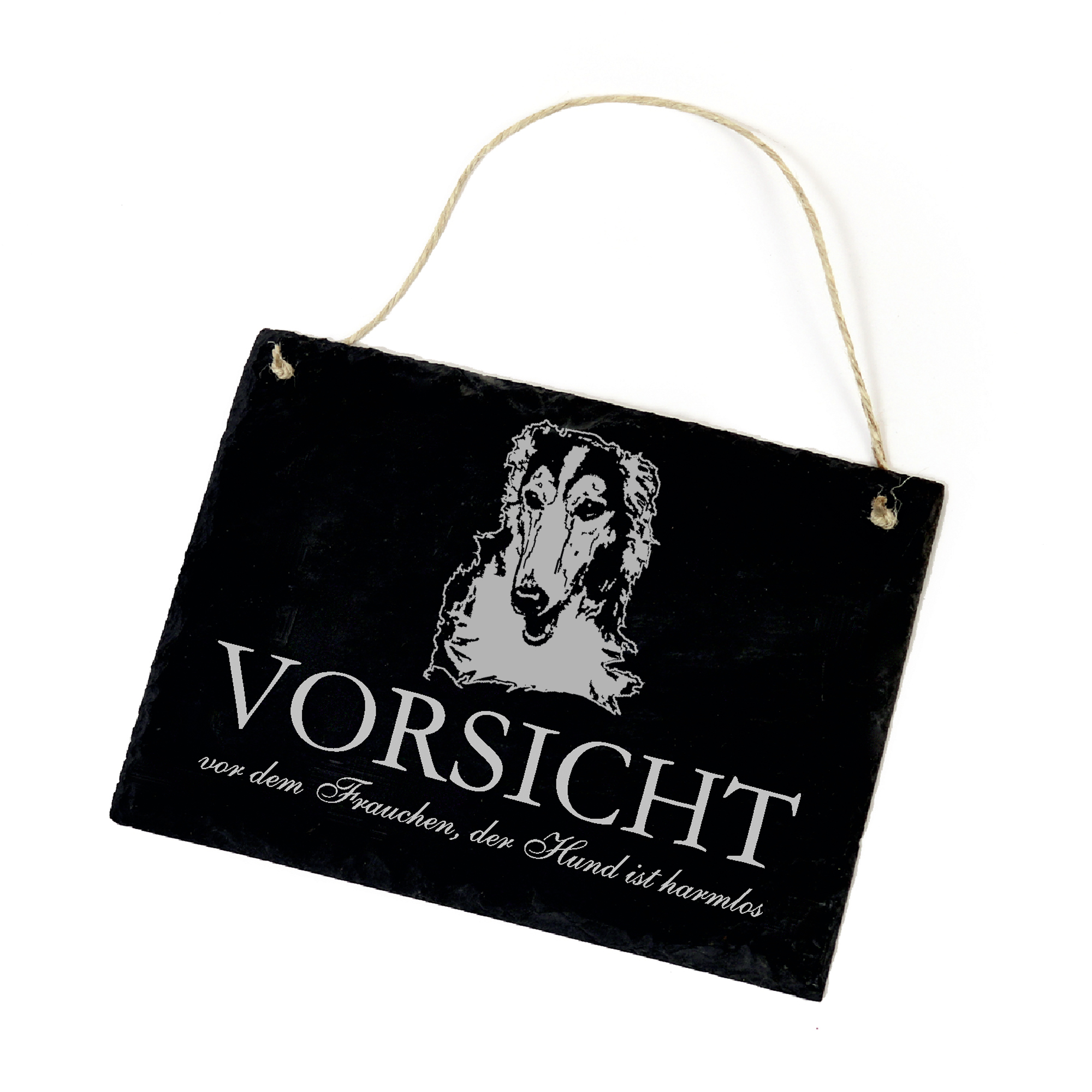 Hundeschild Barsoi Schild aus Schiefer - Vorsicht vor dem Frauchen - 22cm x 16cm