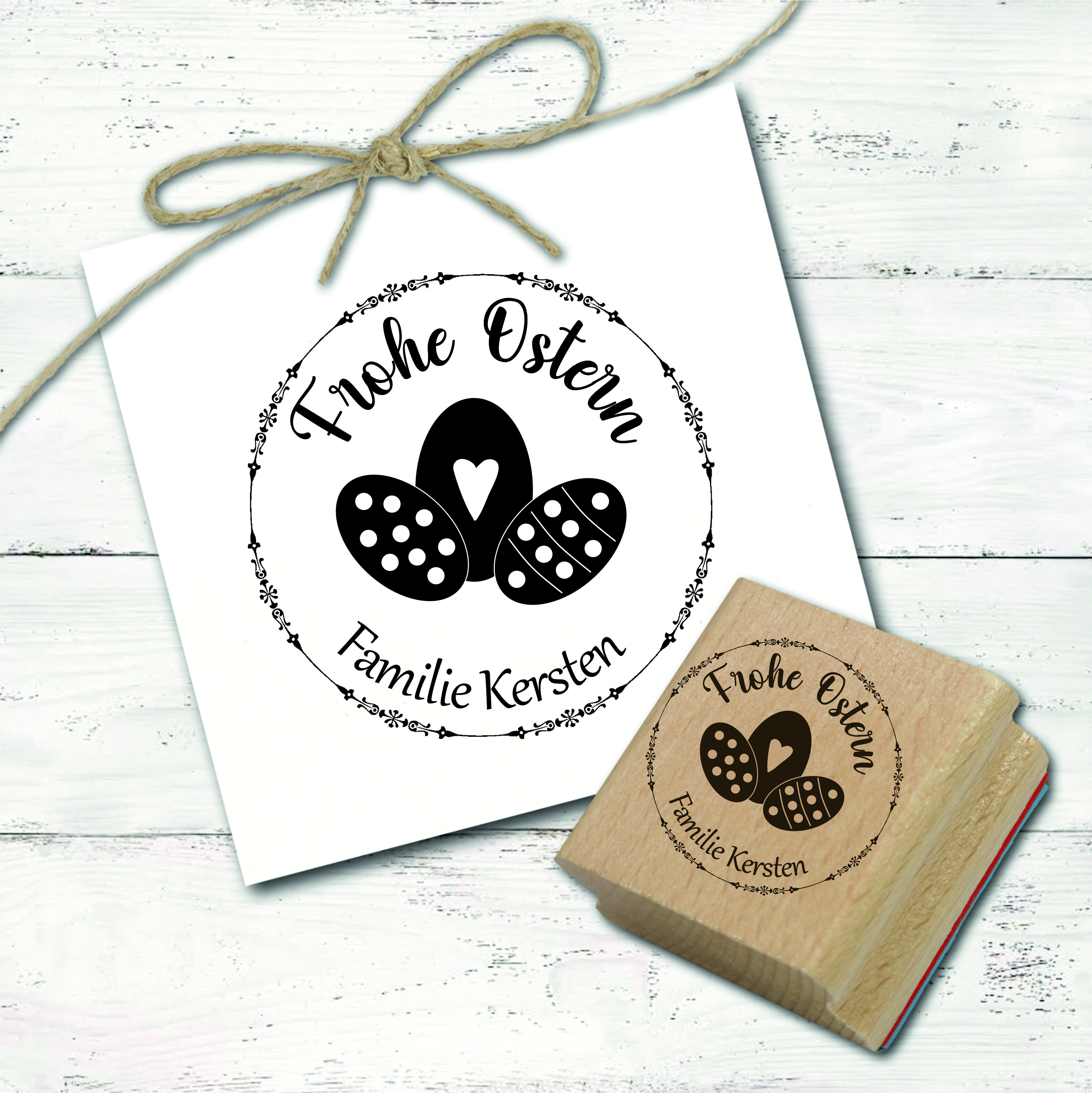 Motivstempel Frohe Ostern personalisiert mit Name - Ostereier Stempel Holzstempel Ø 48 mm 