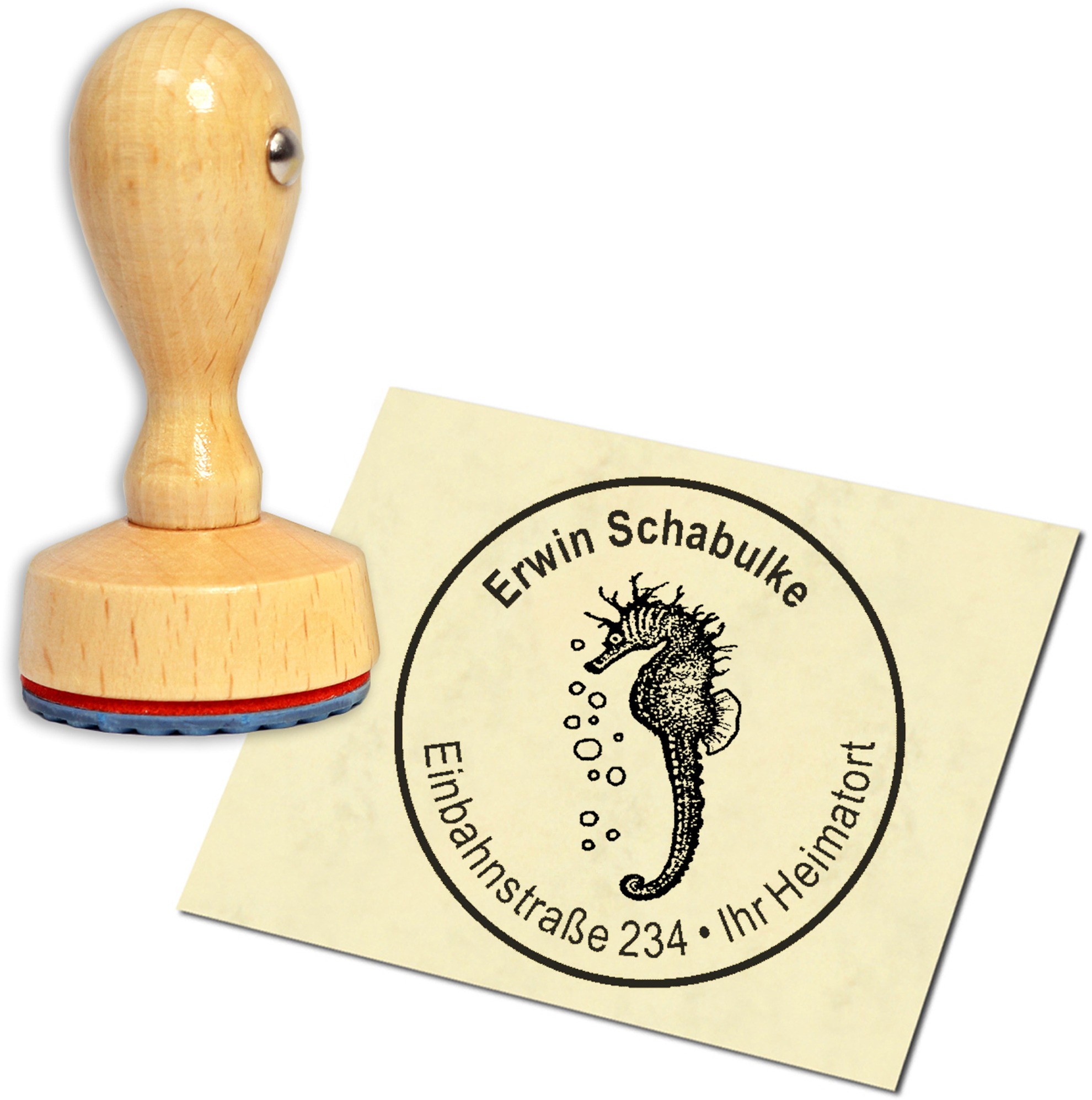 Stempel Adressstempel Holzstempel - Seepferdchen mit Luftblasen - rund 40mm