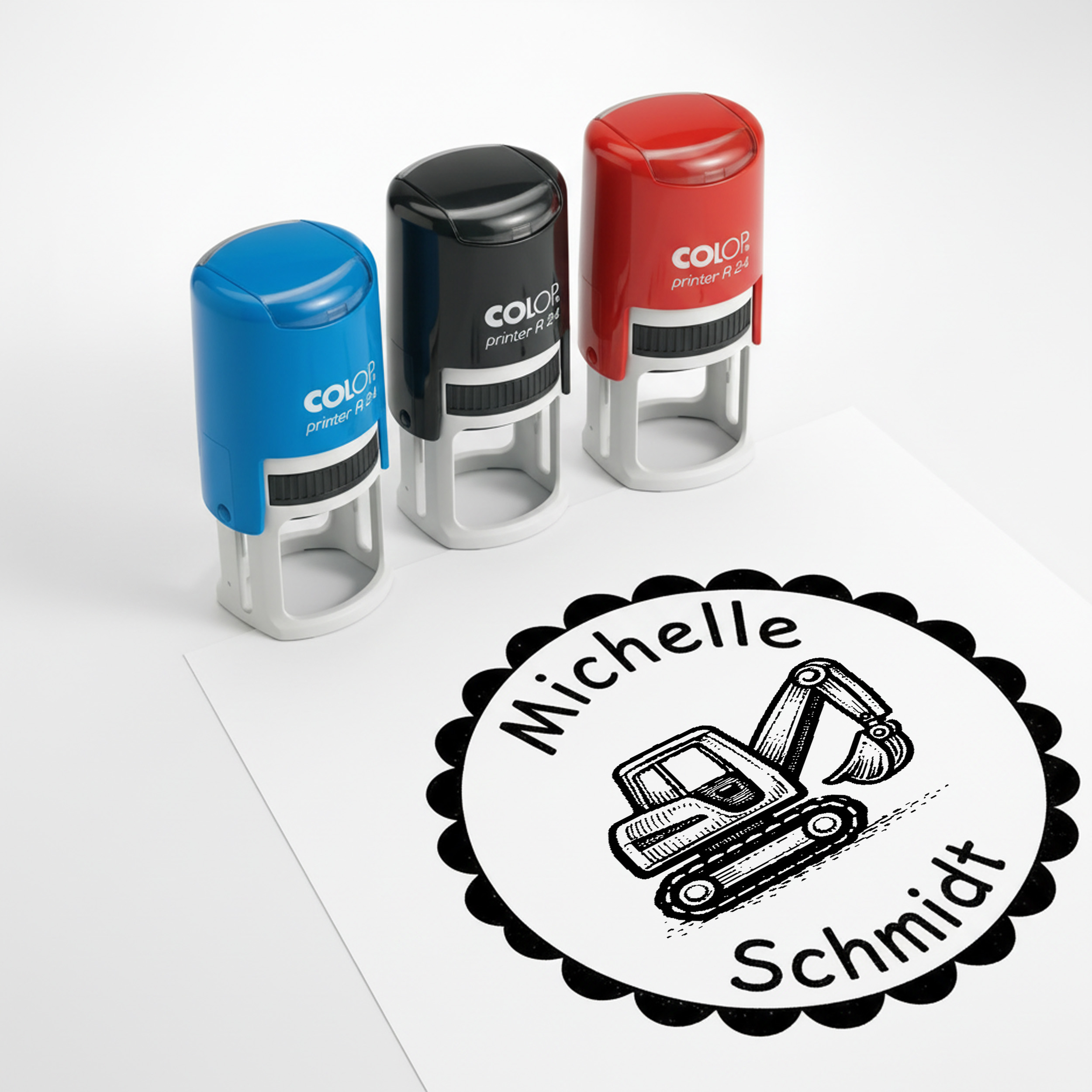 Kinder Namensstempel Bagger personalisiert – 24mm – Namensstempel für Schule & Grundschule – Geschenk Schulanfang Einschulung