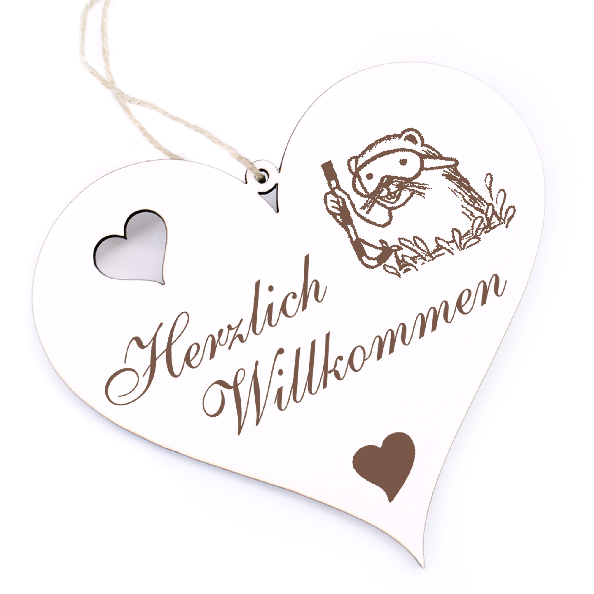 Herzlich Willkommen Schild - Maulwurf mit Taucherbrille - Deko Herz Holz