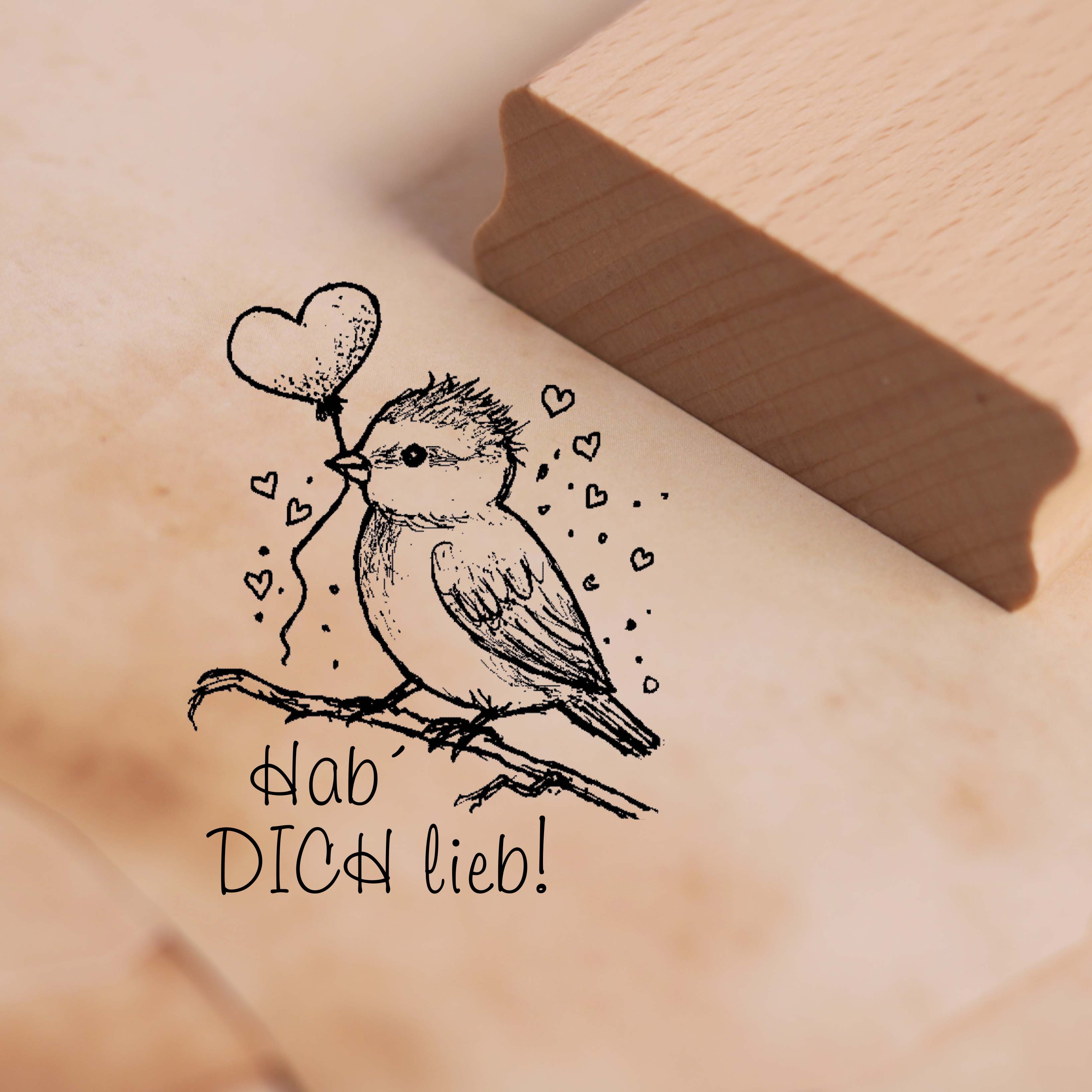 Motivstempel Hab dich lieb - Vogel mit Herzen - Stempel Holzstempel 38 x 48 mm