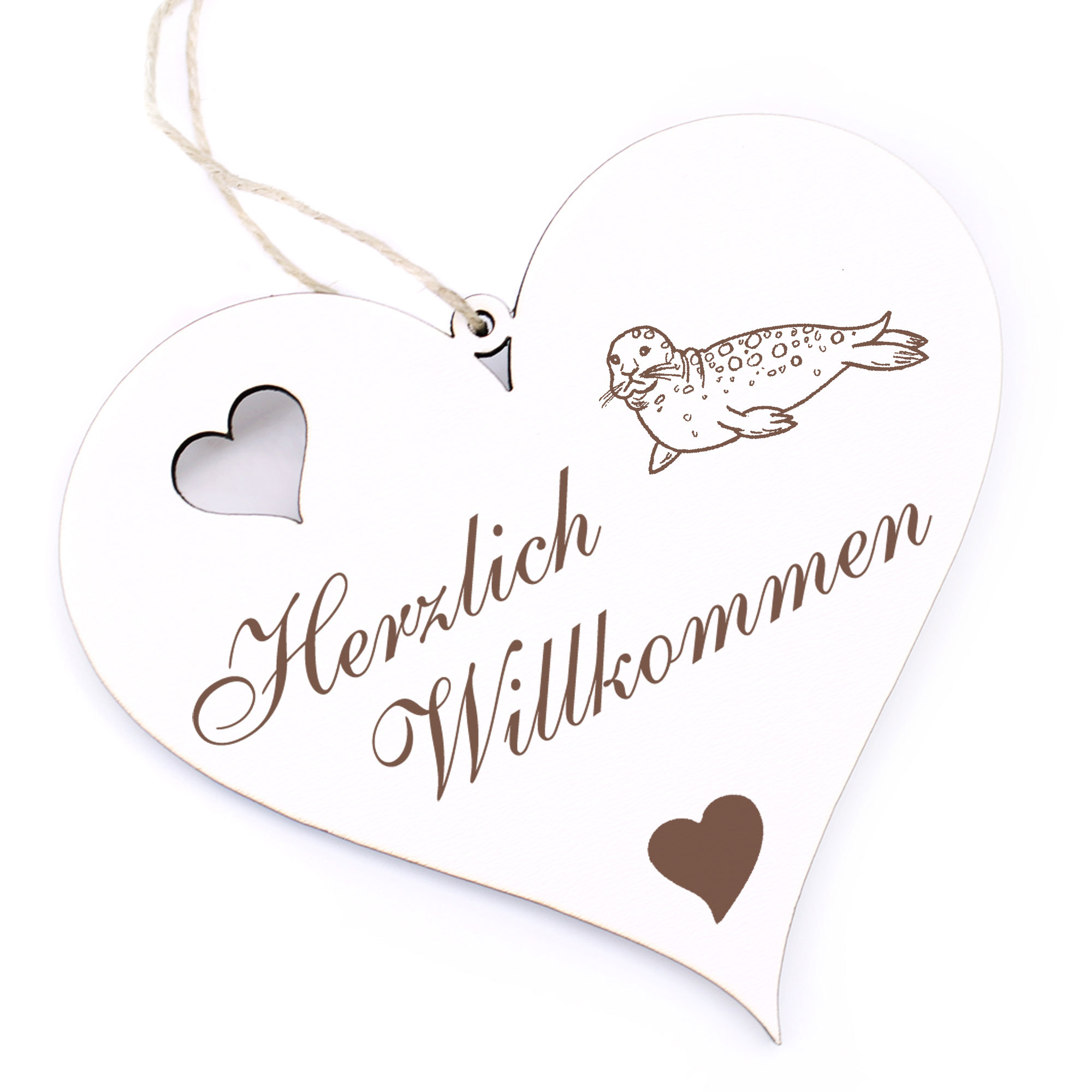 Herzlich Willkommen Schild - Robbe - Deko Herz Holz