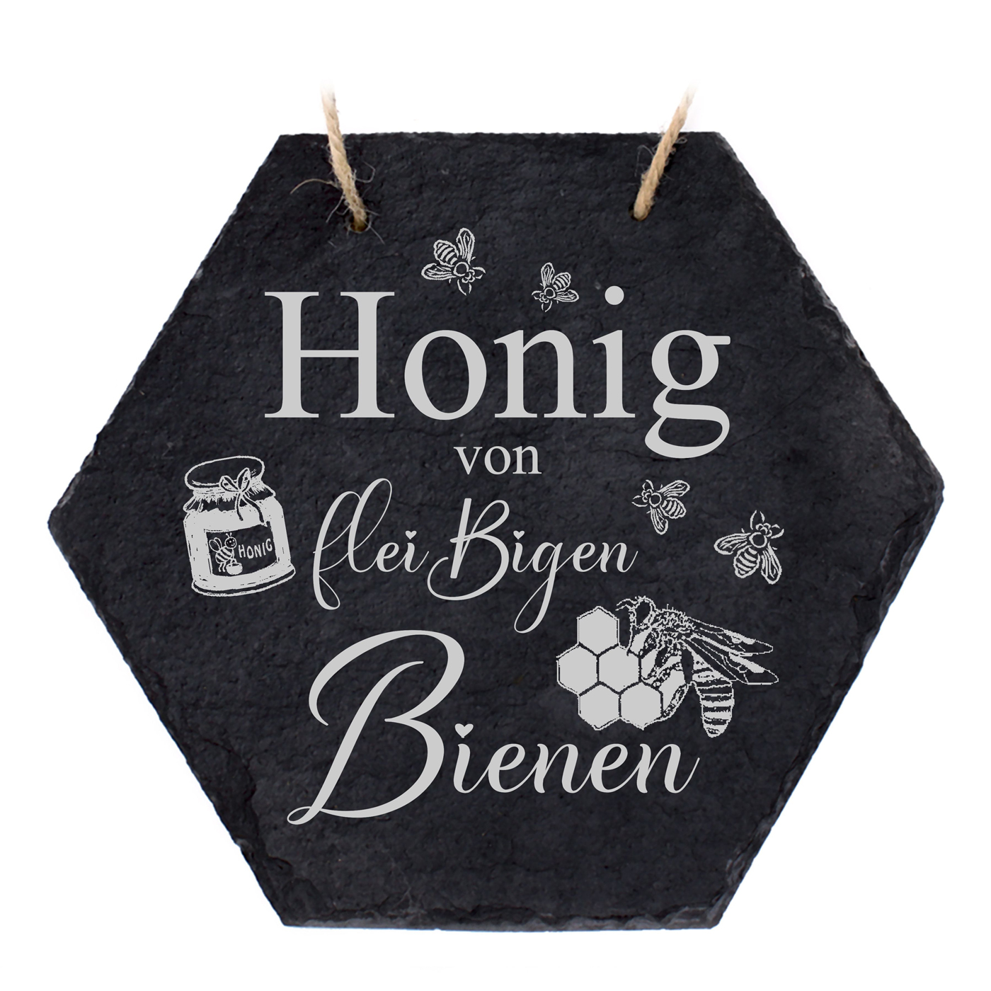 Imker Schild aus Schiefer Bienen Deko - Honig von fleißigen Bienen - Sechseck 18 x 16 cm