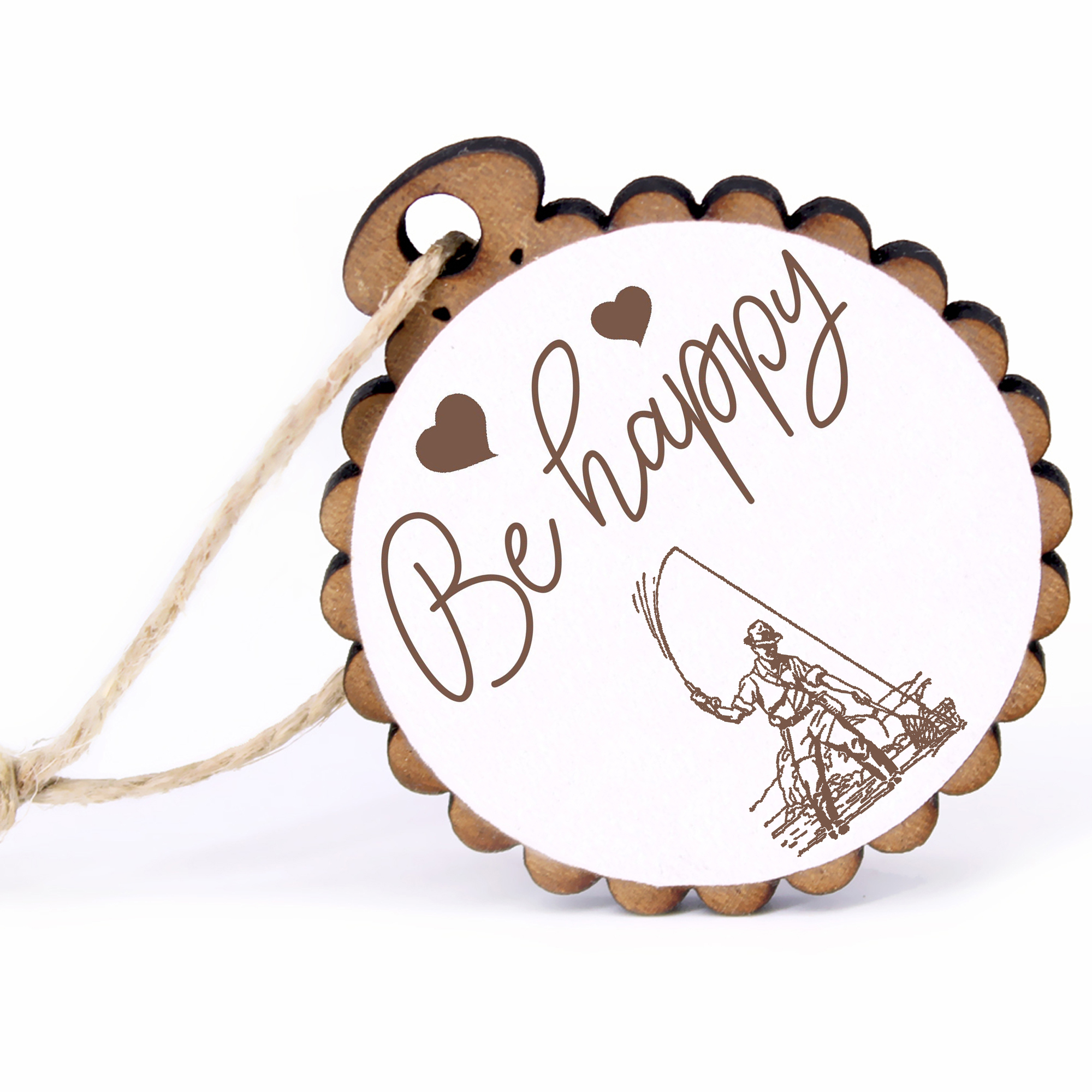 Geschenkanhänger - Be Happy Fischer -  Holz Ø-5cm - mit Juteband