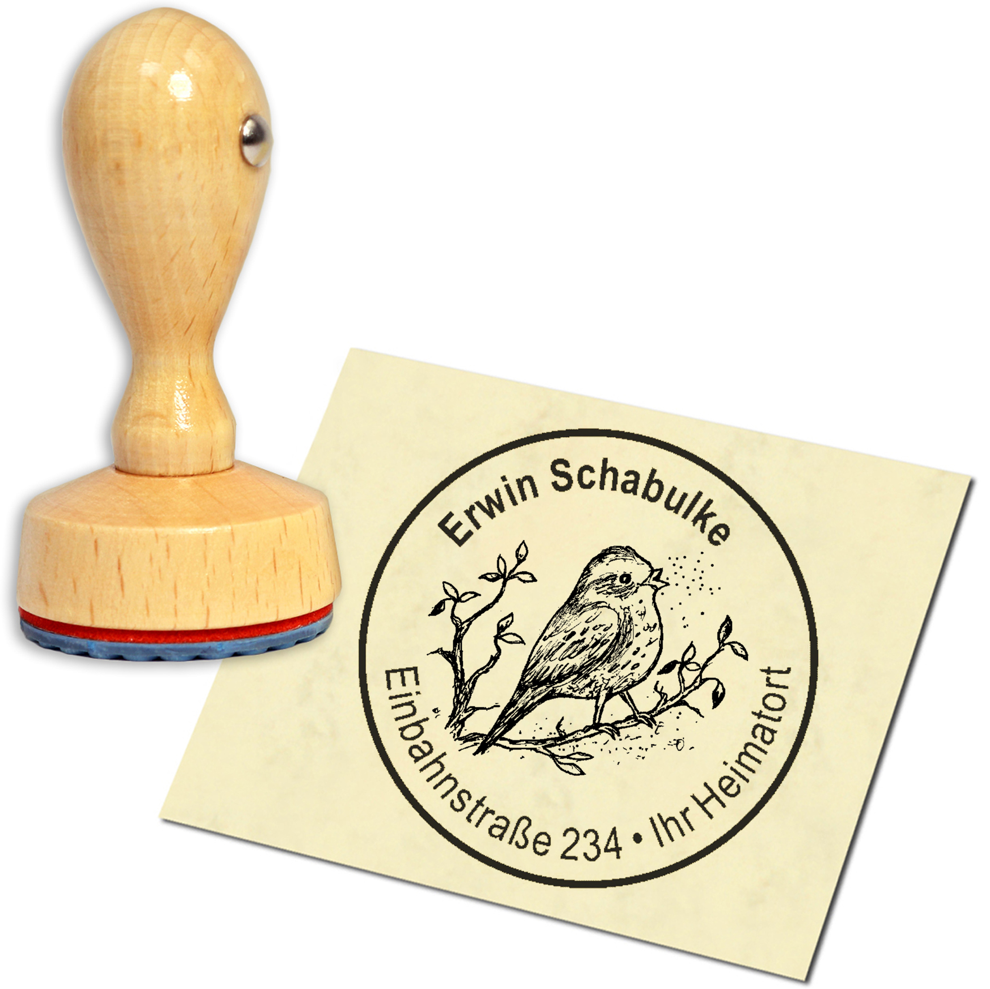 Stempel Adressstempel Holzstempel - singender Vogel auf Zweig - rund 40mm