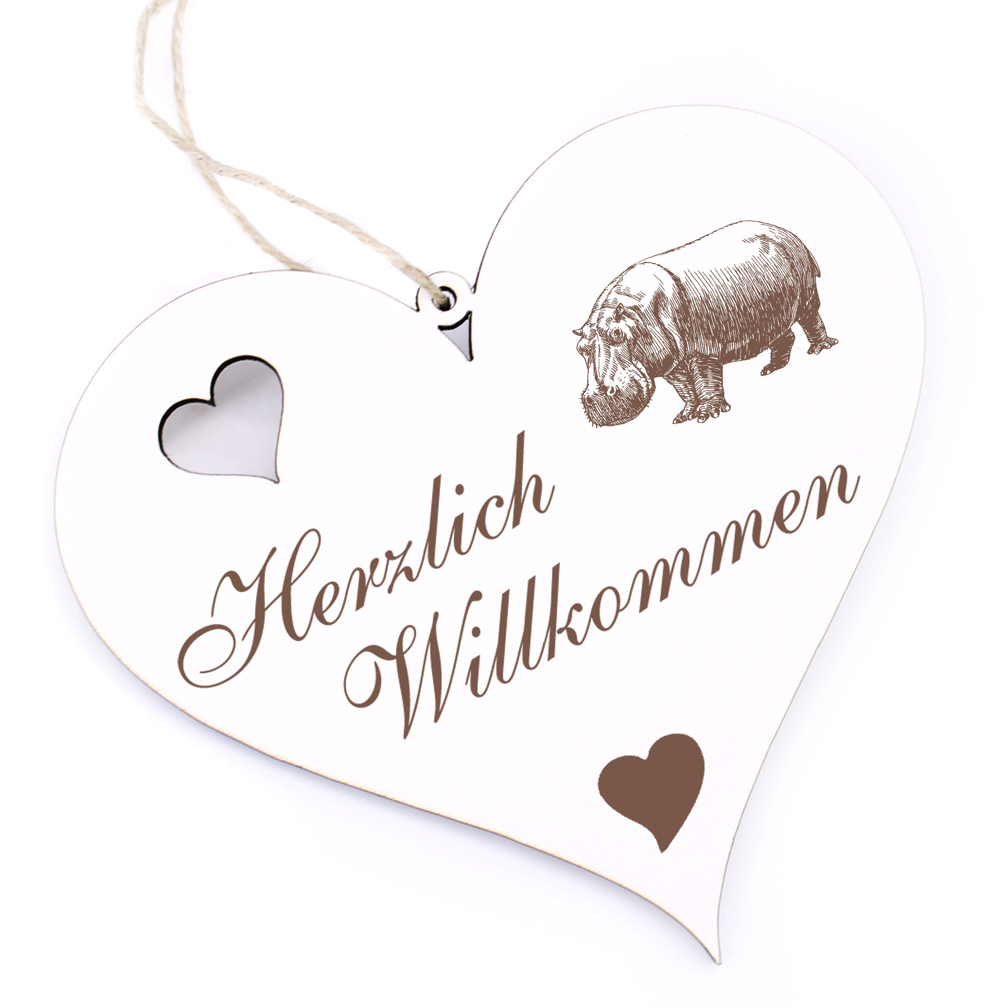 Herzlich Willkommen Schild - Nilpferd Hippo - Deko Herz Holz