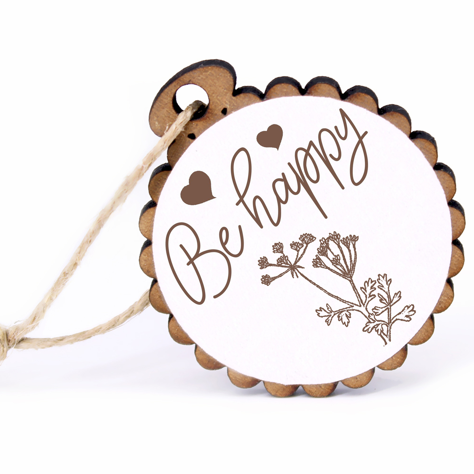 Geschenkanhänger - Be Happy Kümmel -  Holz Ø-5cm - mit Juteband