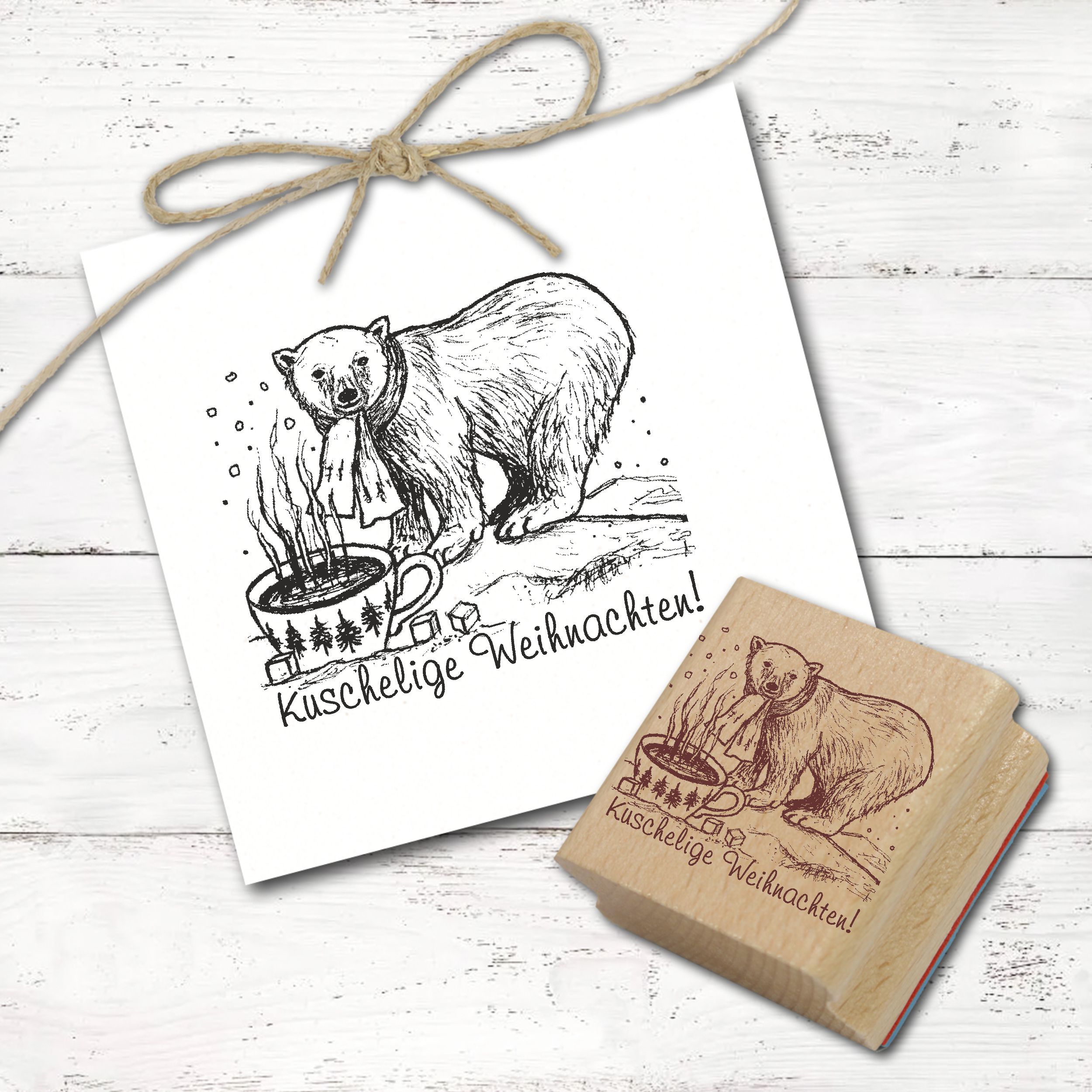 Motivstempel Eisbär - Kuschelige Weihnachten Tee Tasse - Stempel Holzstempel 68mm x 58mm   