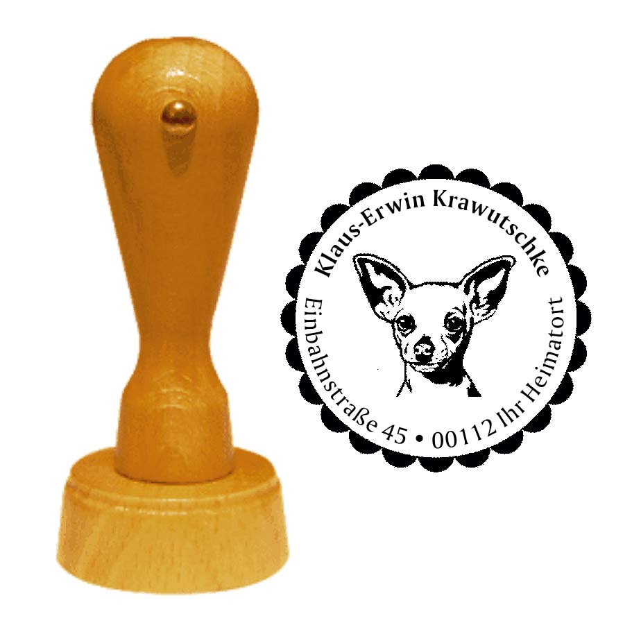 Adressstempel Chihuahua Kurzhaar -  Holzstempel personalisiert mit Adresse - Ø 40 mm