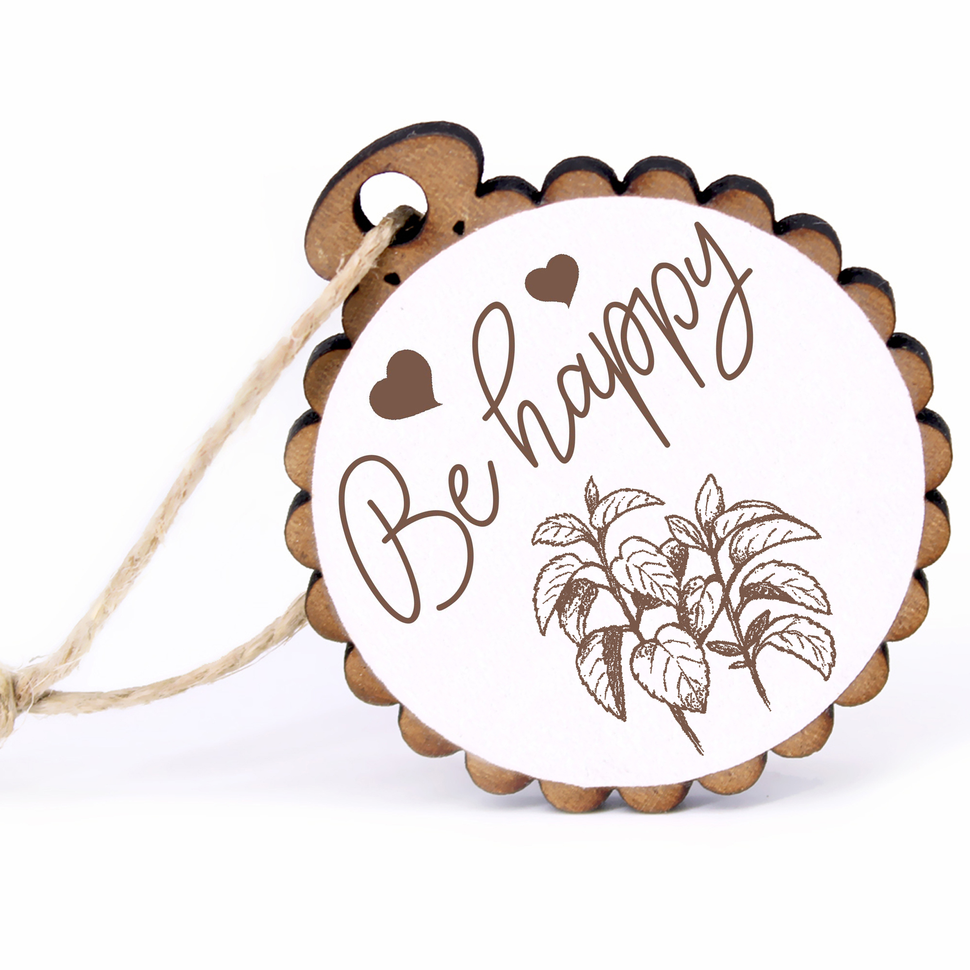 Geschenkanhänger - Be Happy Minze -  Holz Ø-5cm - mit Juteband