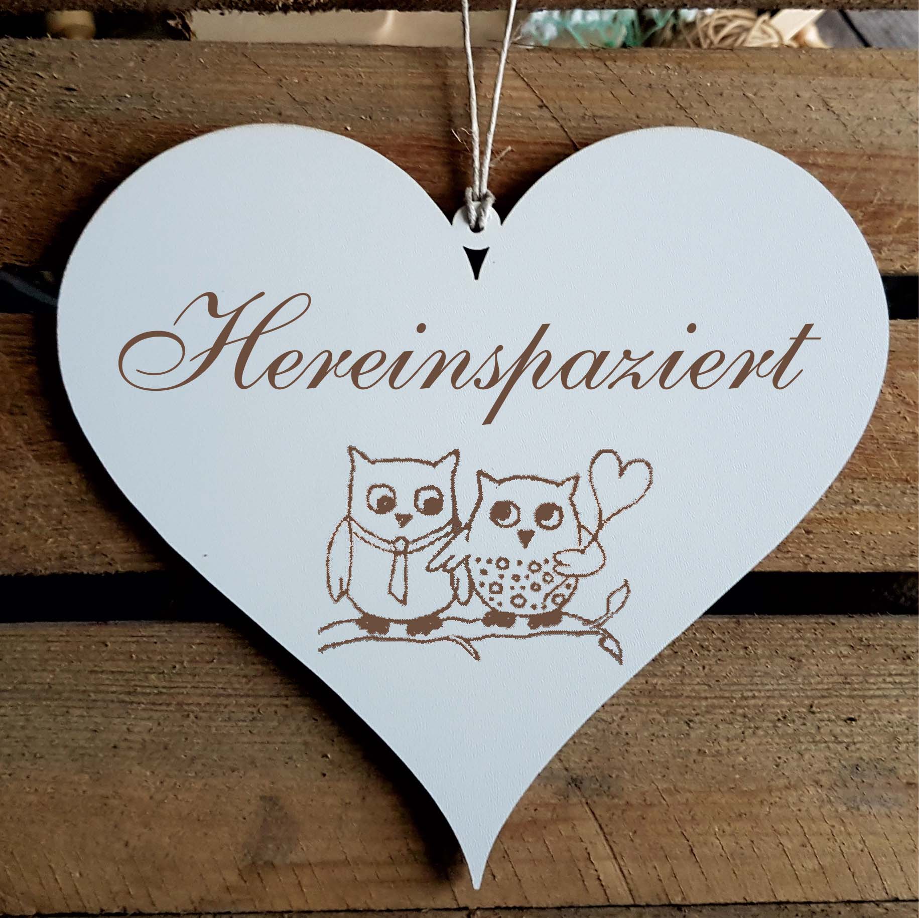 Shabby Herz Schild « HEREINSPAZIERT » mit Motiv Eulen