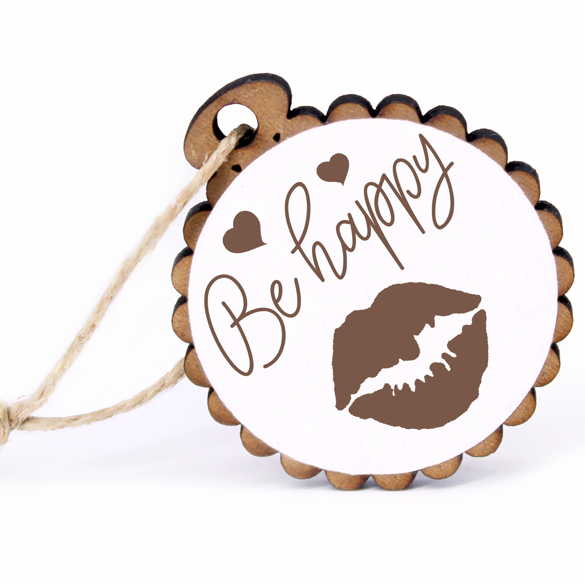 Geschenkanhänger - Be Happy Kussmund -  Holz Ø-5cm - mit Juteband