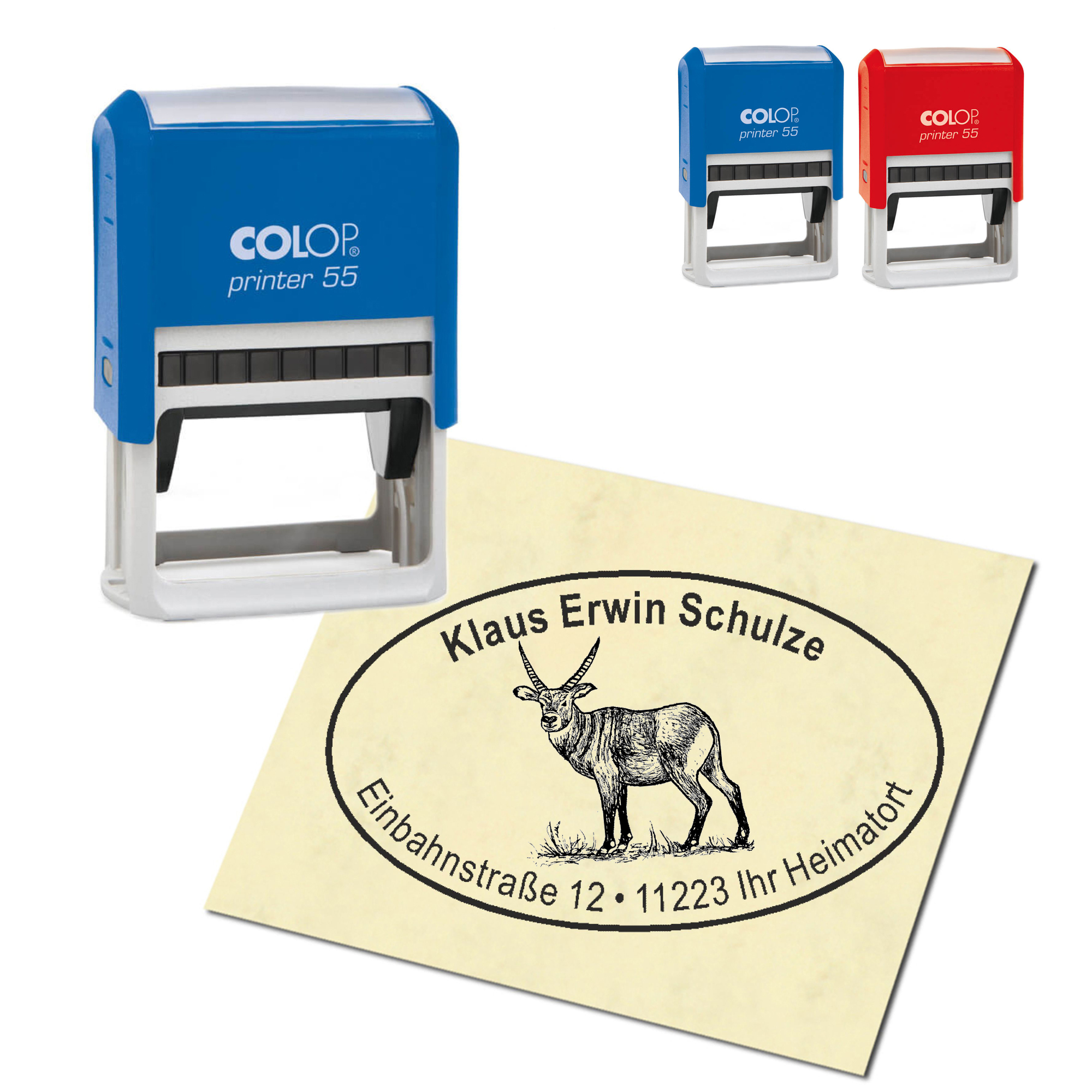 Adressstempel personalisiert Stempel - Antilope auf Gras - oval 59 x 39 mm