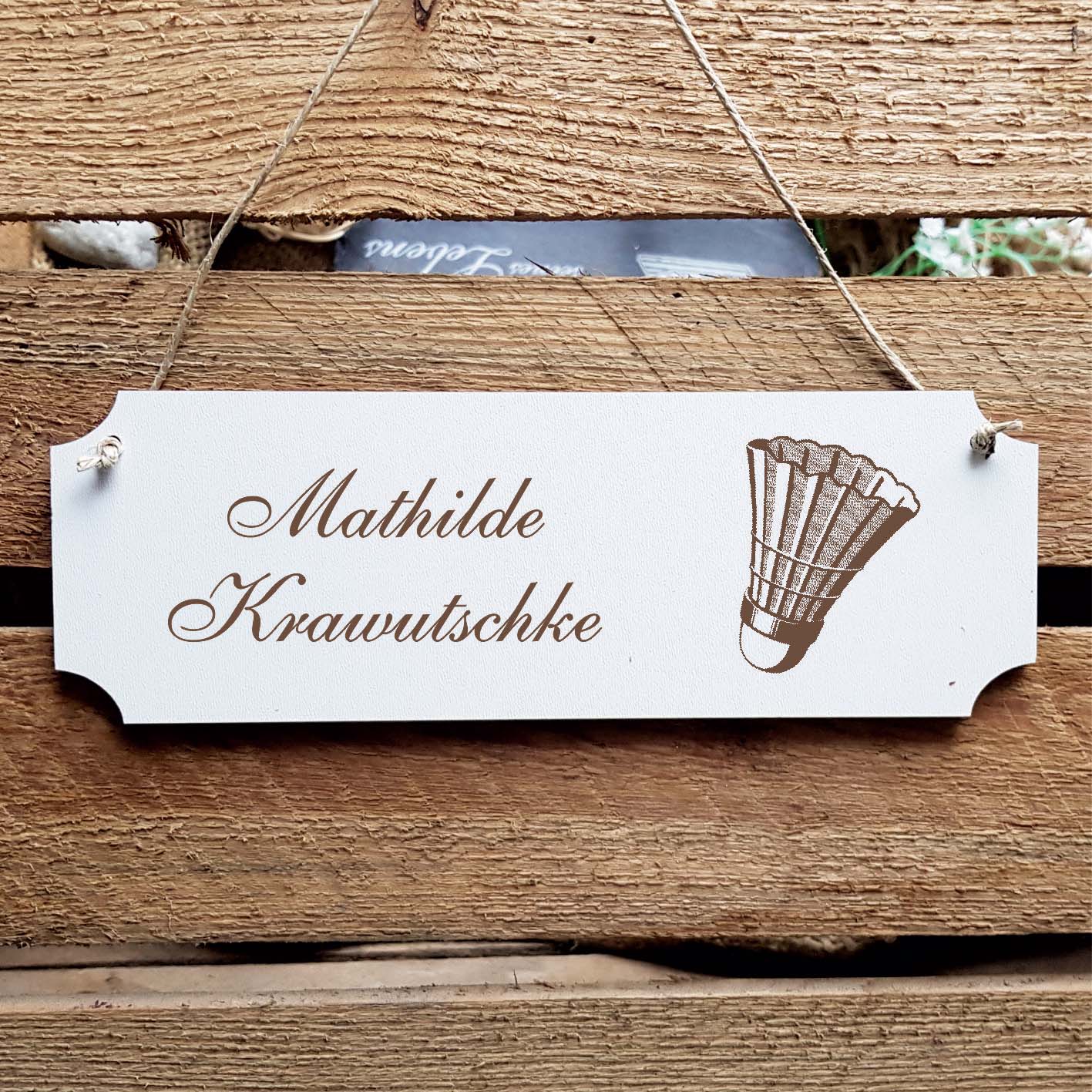 Schild « Federball » Namensschild Türschild zum Anhängen - 20 x 6,7 cm