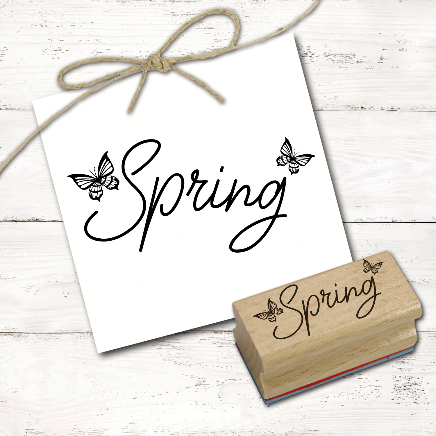 Motivstempel Spring Schriftzug - Stempel Schmetterlinge Holzstempel 58 x 27 mm 