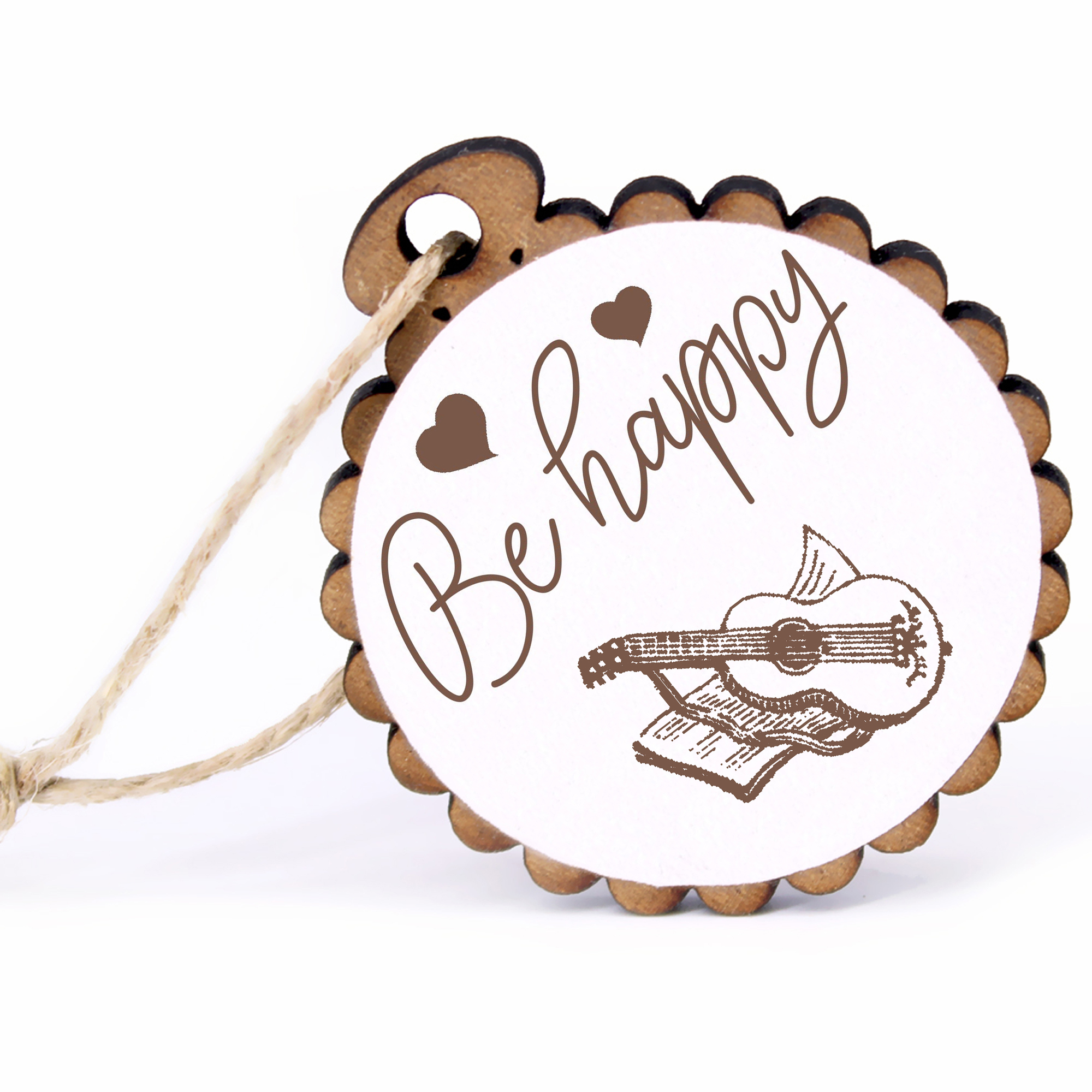Geschenkanhänger - Be Happy Gitarre mit Notenbuch -  Holz Ø-5cm - mit Juteband