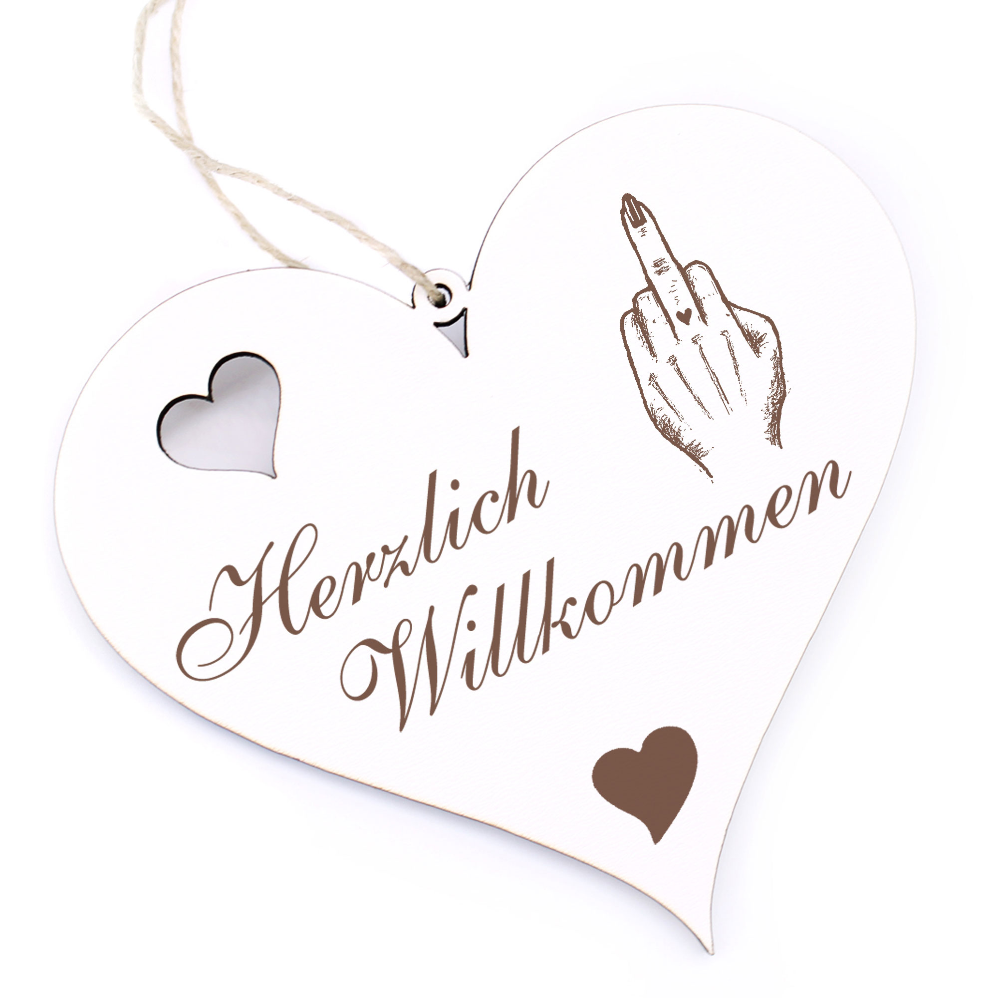Herzlich Willkommen Schild - Stinkefinger Frau - Deko Herz Holz