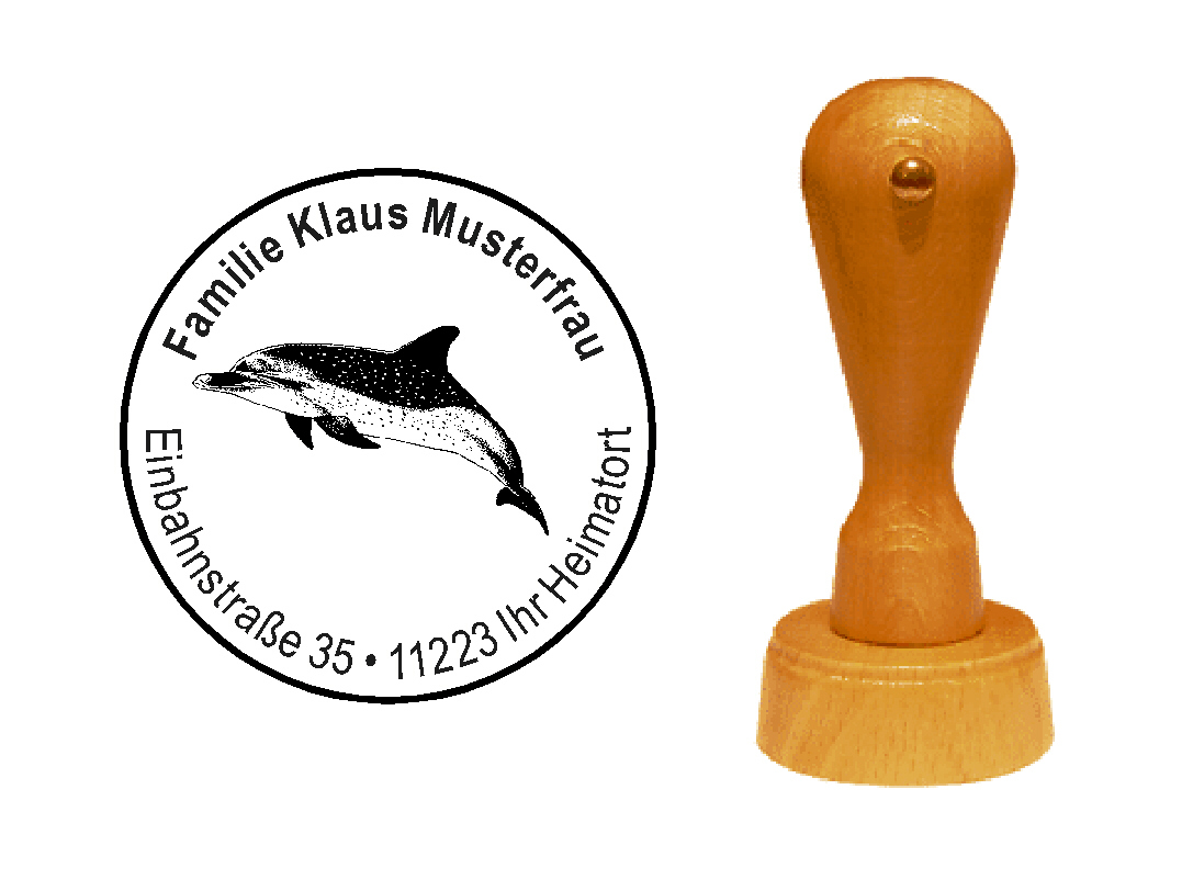 « Delfin 2 » Holzstempel mit persönlichem Wunschtext