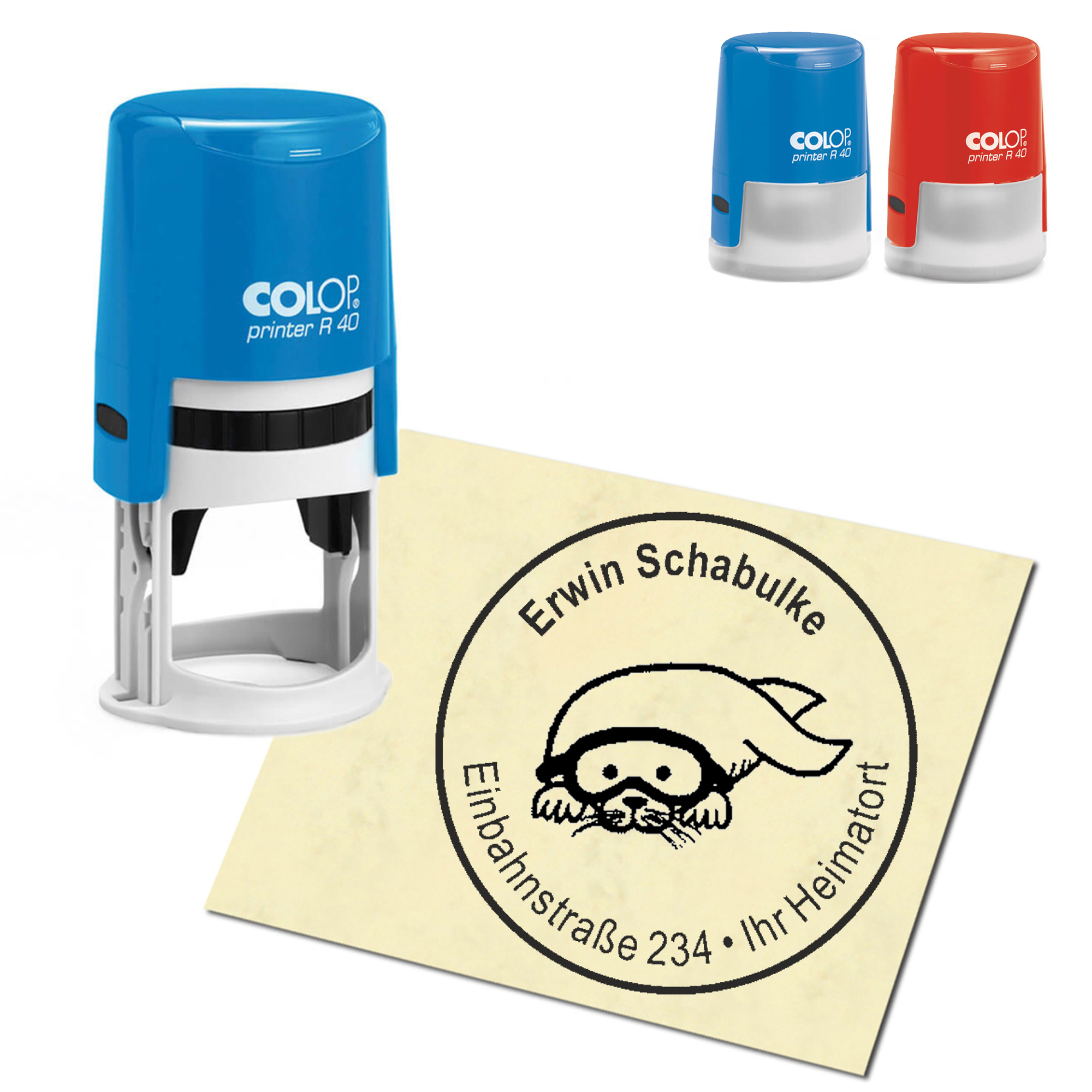 Stempel Adressstempel personalisiert - Robbe mit Taucherbrille - rund &empty; 40mm