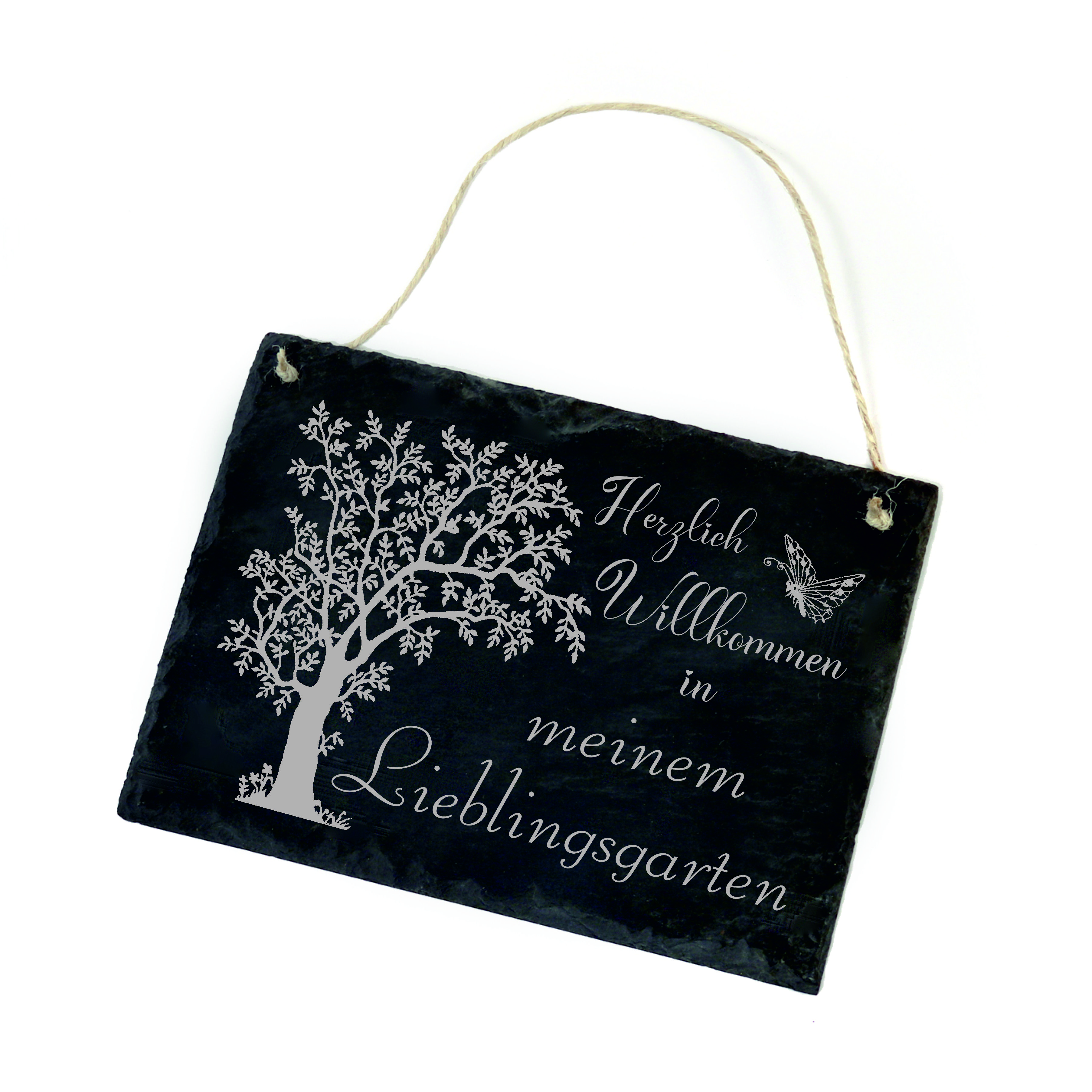 Schiefertafel Herzlich Willkommen in meinem Lieblingsgarten - Schild Baum 22x16 cm