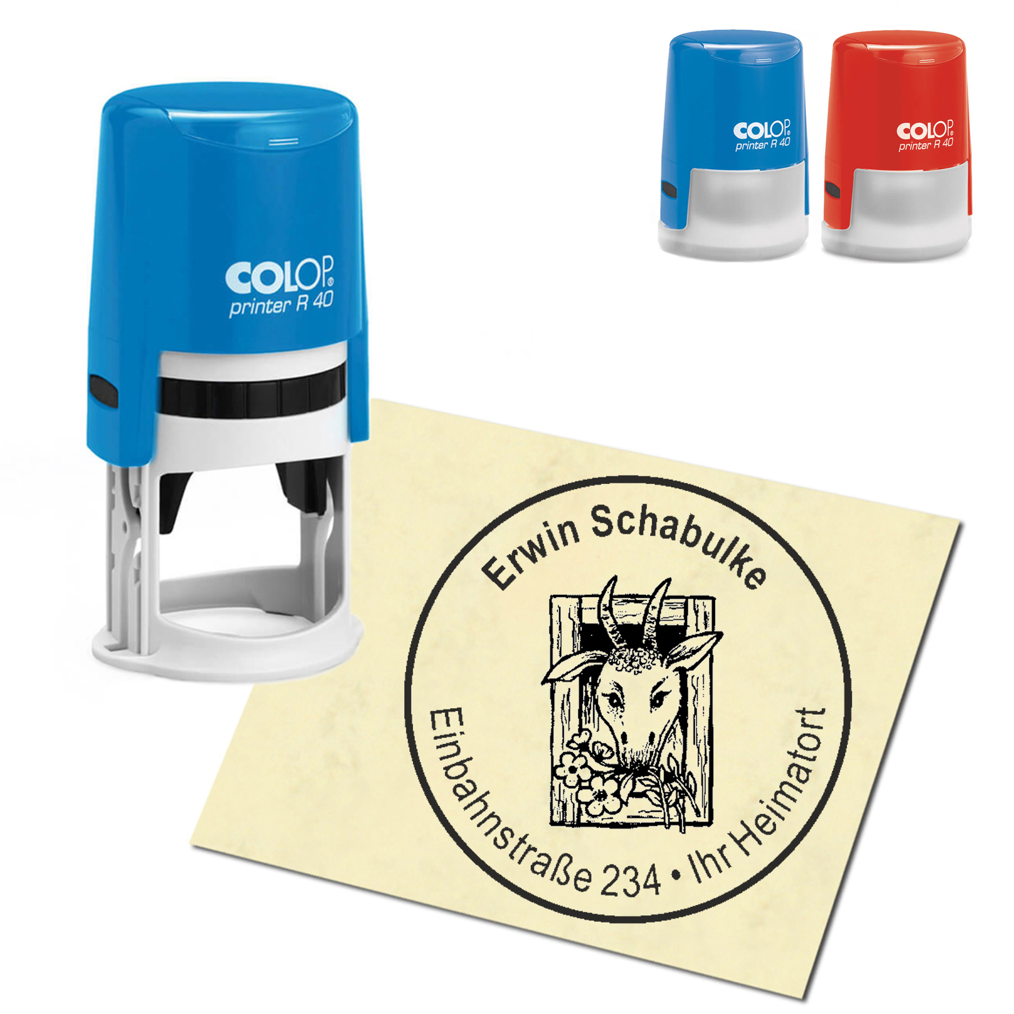 Stempel Adressstempel personalisiert - Ziege im Fenster - rund &empty; 40mm