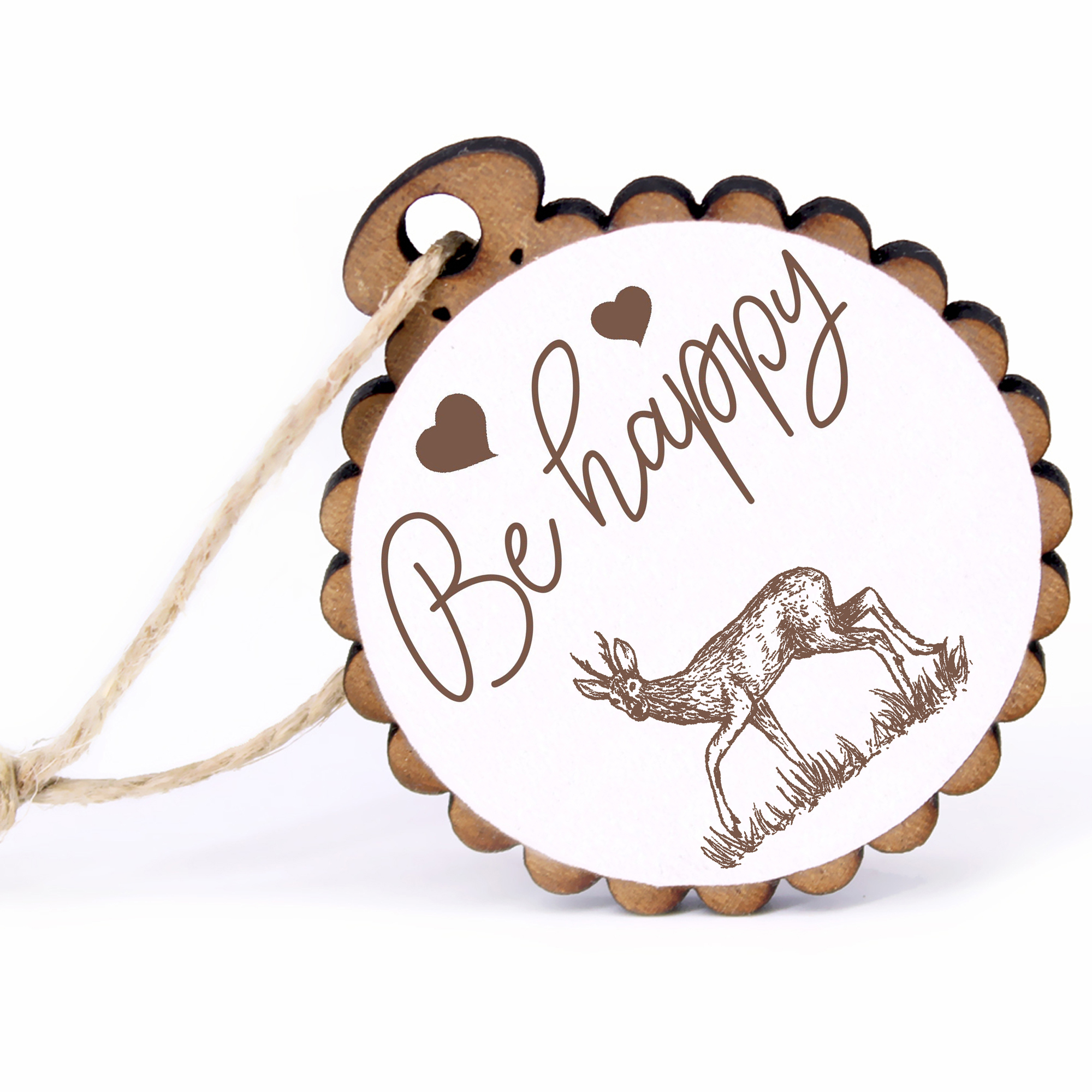 Geschenkanhänger - Be Happy Reh auf Wiese -  Holz Ø-5cm - mit Juteband